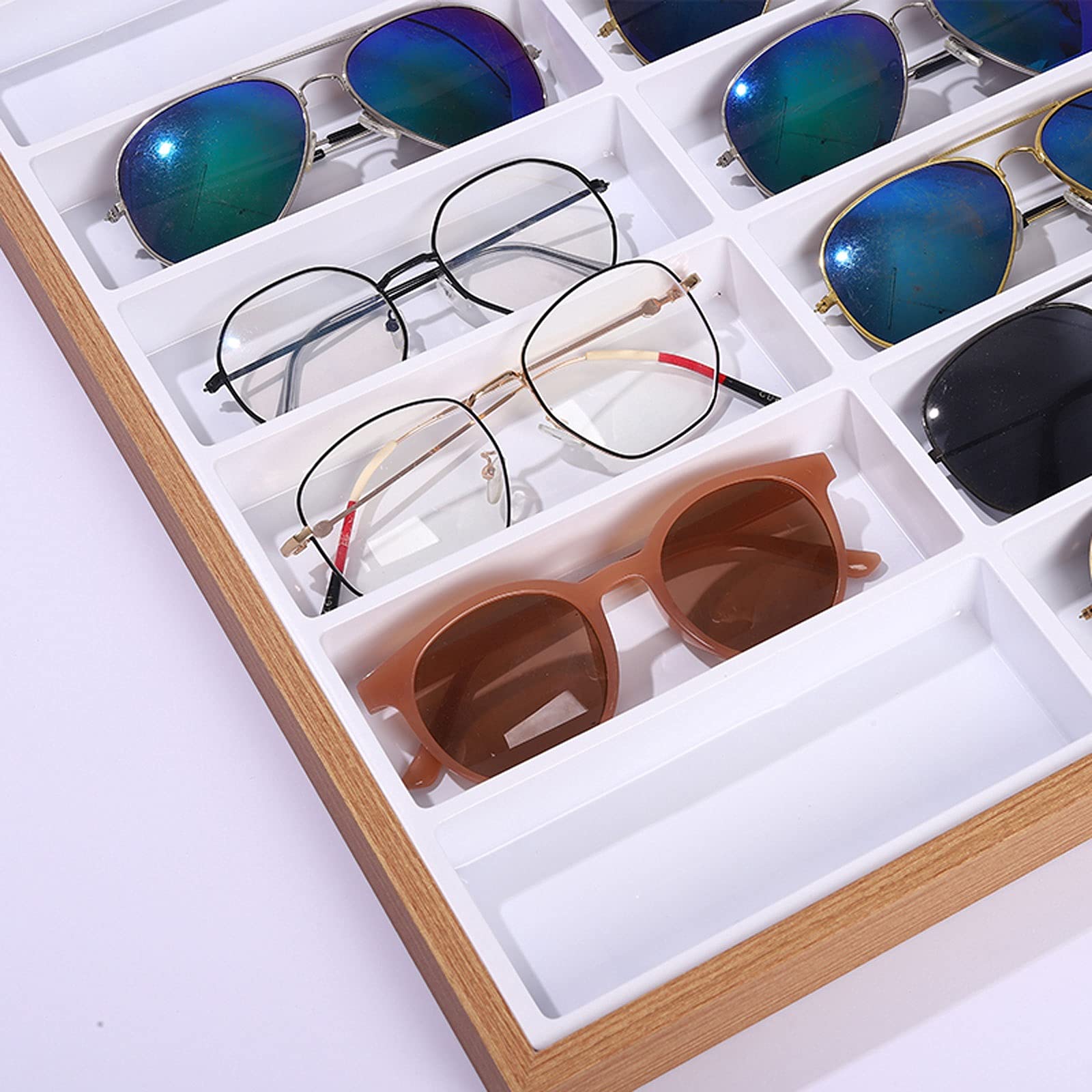 Support à Lunettes Organisateur d'affichage de lunettes en bois, 7/12/18 compartiments, ouvert sur le dessus, boîte de rangement for lunettes de soleil, support de plateau for lunettes Présentoir De L