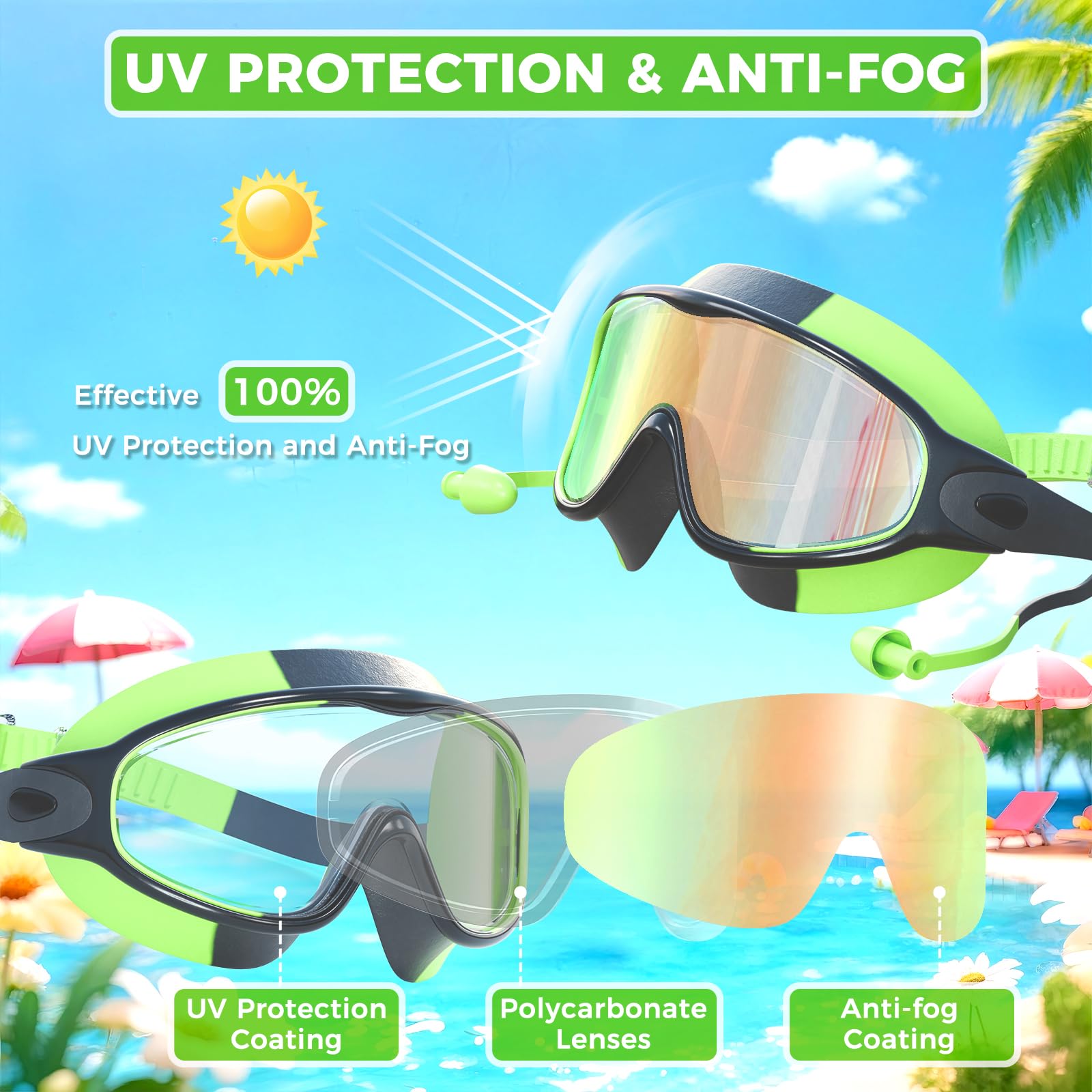 CMBJJU 3 Pack Swimming Goggles, Kid Goggles with Earplugs Large Frame Anti-Fog/UV Wide View Swim Goggles Boys Girls 4-12 in use