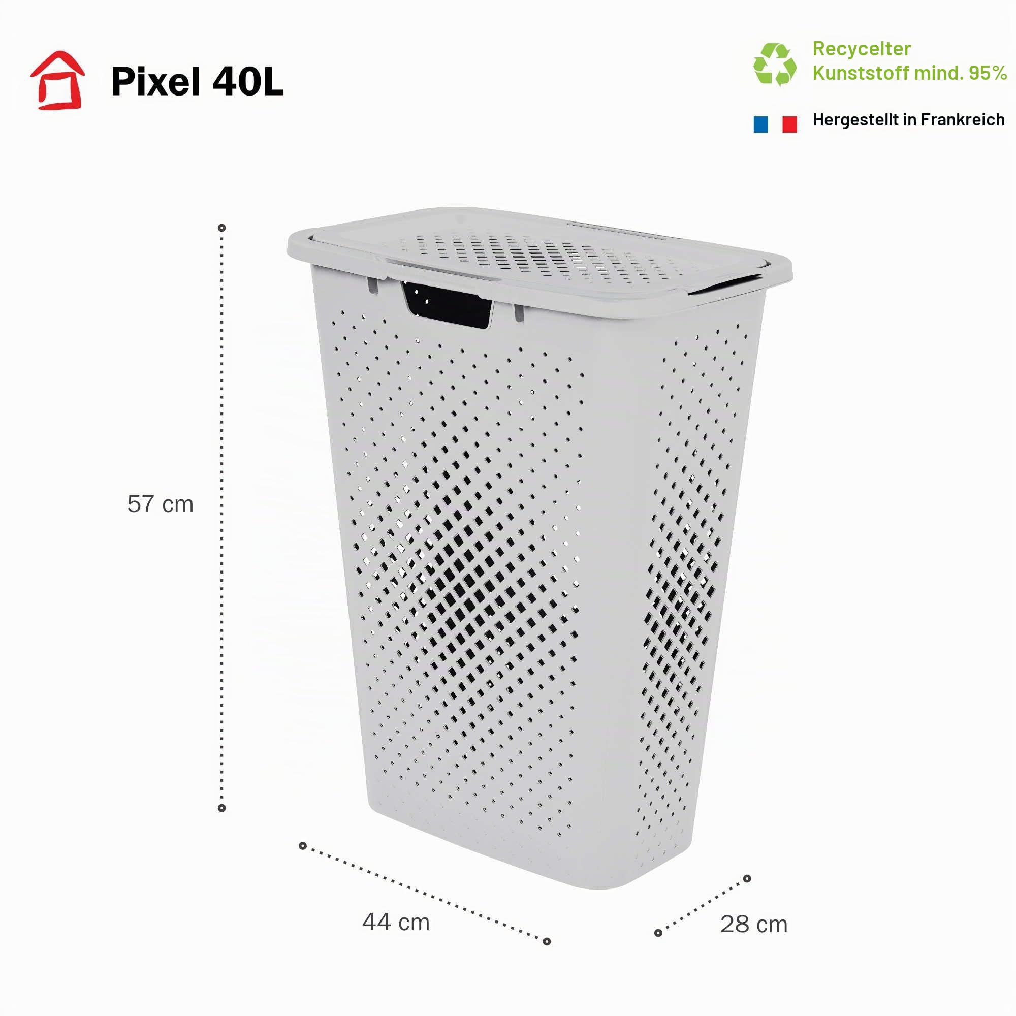 SUNDIS Pixel, Wäschekorb mit deckel 40l, aus Kunststoff, wollweiß | Ideal für kleine Räume, 2 seitliche Griffe und 1 Griff an der Unterseite, Belüftung an allen 4 Seiten