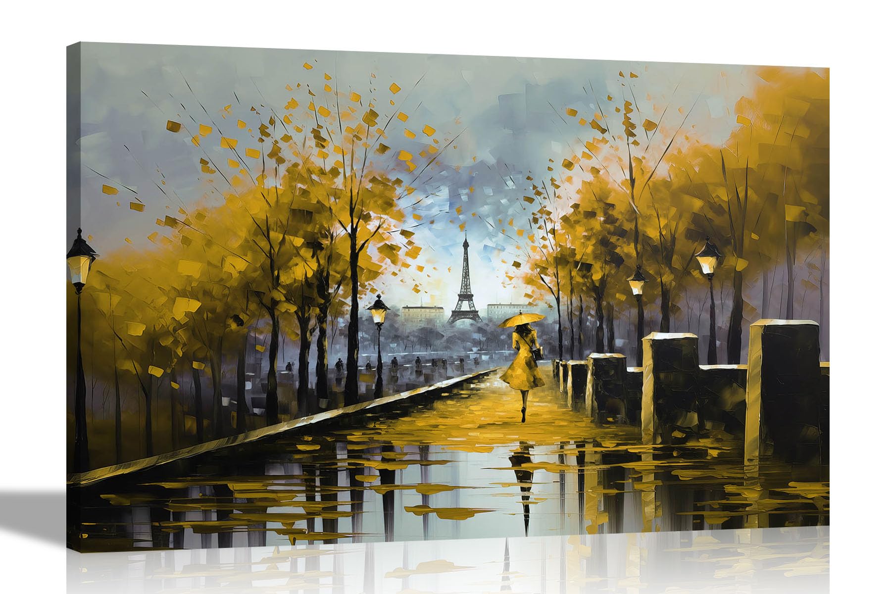Artley Prints - Alone on a Wet Paris Day Yellow Extra Large Colourful Canvas Wall Art for Living Room - Framed Abstract Pictures to Hang in Bedroom, 101 x 76cm (40 x 30 inches)