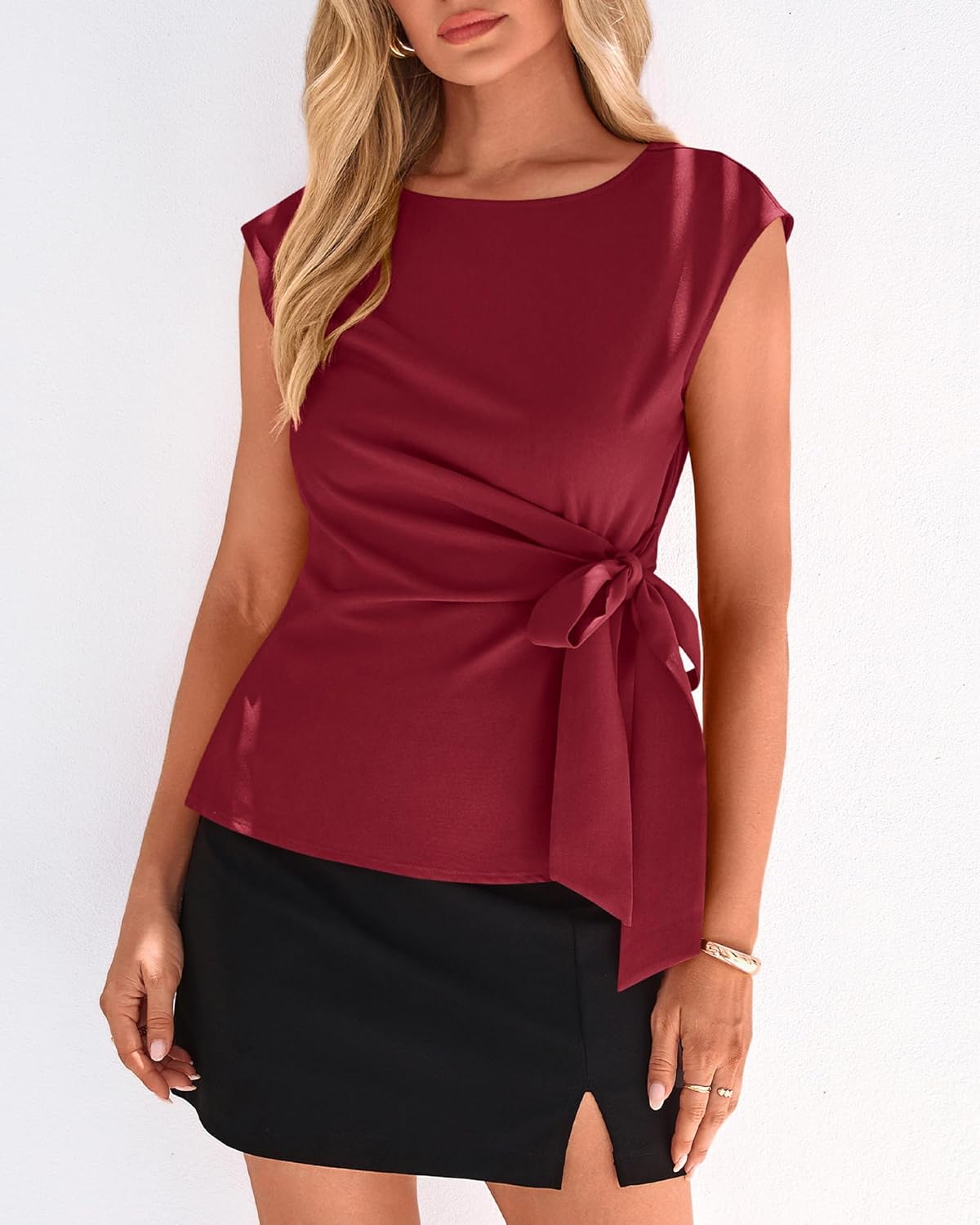 BTFBM Womens Tops Summer 2026 Cap Sleeve Crew Neck Tie Waist Blouses Dressy Casual Business Work Clothes Spring Fashion - Image 2