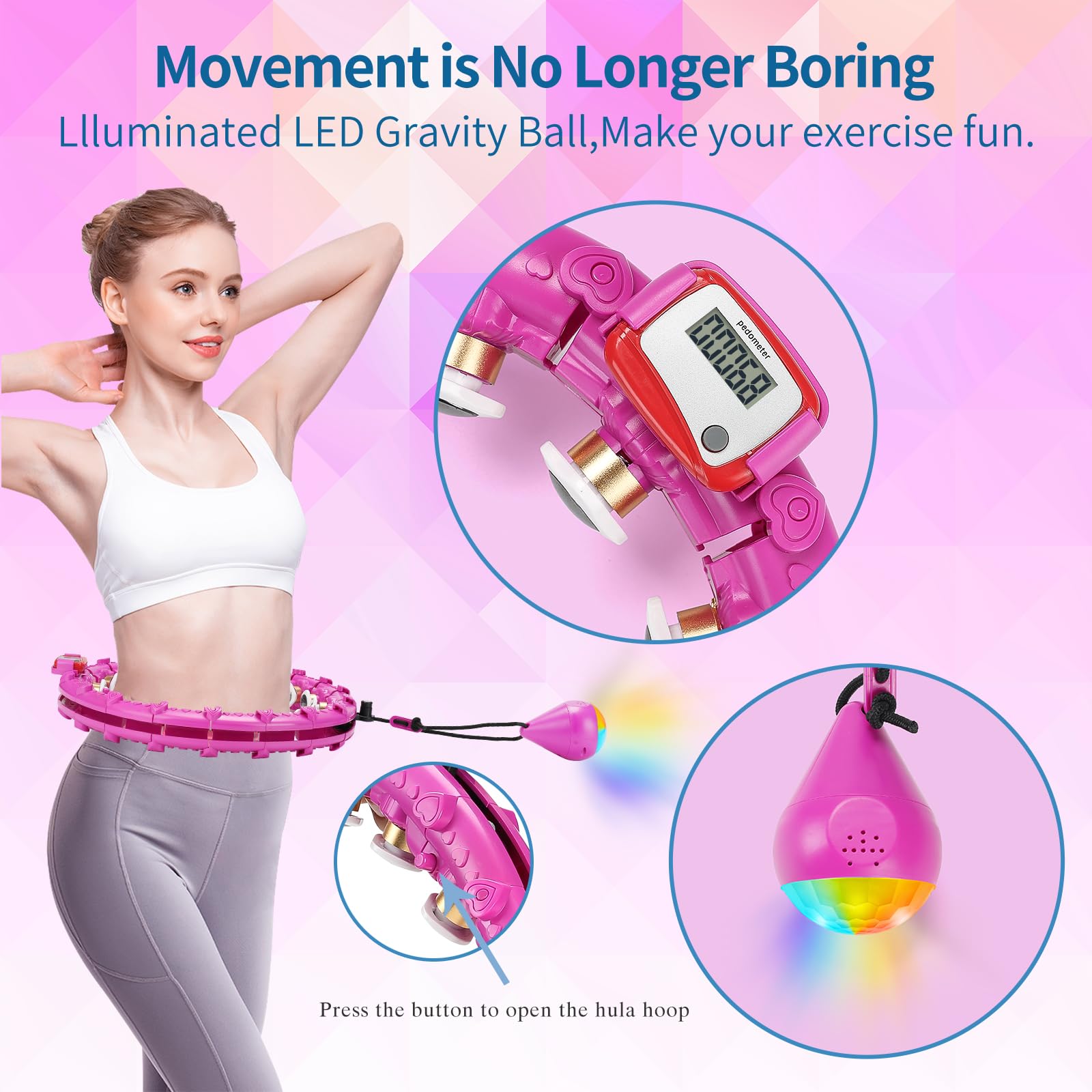 LEAFIA Smart Fitness Reifen, Hula Hoop Gewichtsverlust, mit Smarten Zähler, magnetische Scheibe, Gravitationsball, und 24 Abnehmbarer Einstellbar Breit Bewegliche Reifens, für Kinder Erwachsene Anfänger Abnehmen Segmente Training