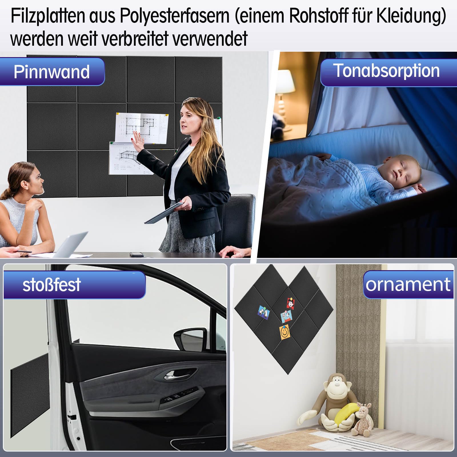 Große Pinnwand 89,9 x 59,9 cm, schwarze Korktafel, 6 Stück Korktafeln für Wände mit 24 Reißnägeln, Pinnwand & Vision Board für Home Office, Studentenwohnheim, Kreativstudio