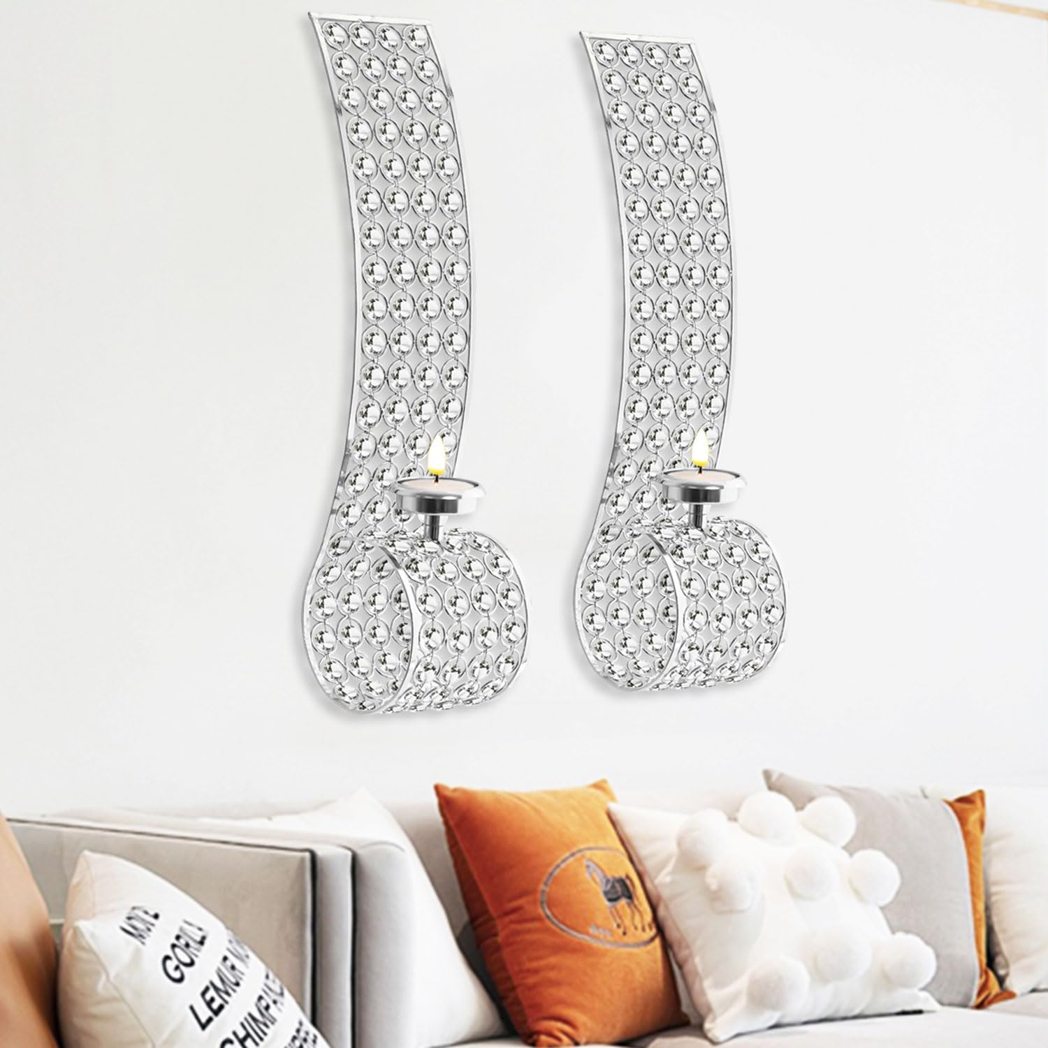 Crystal Candle Sconces for Wall Metal Tealight Candle Holders Silver Wall Decor for Living Dining Room Bedroom Candle Centerpiece, Set of 2