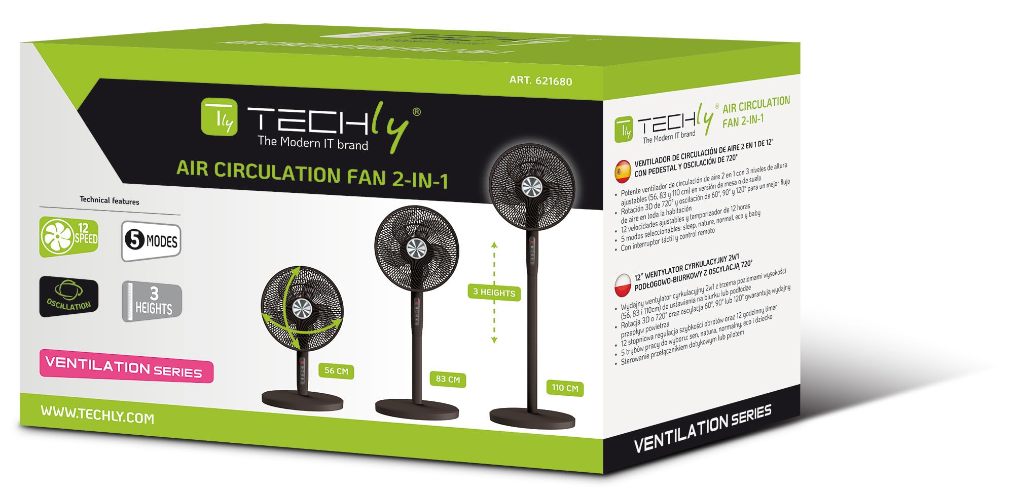 Techly 621680 Ventilatore 12" 2 in 1 con Piantana a 3 Altezze 12 velocità con Telecomando Oscillazione a 720° e Timer Nero