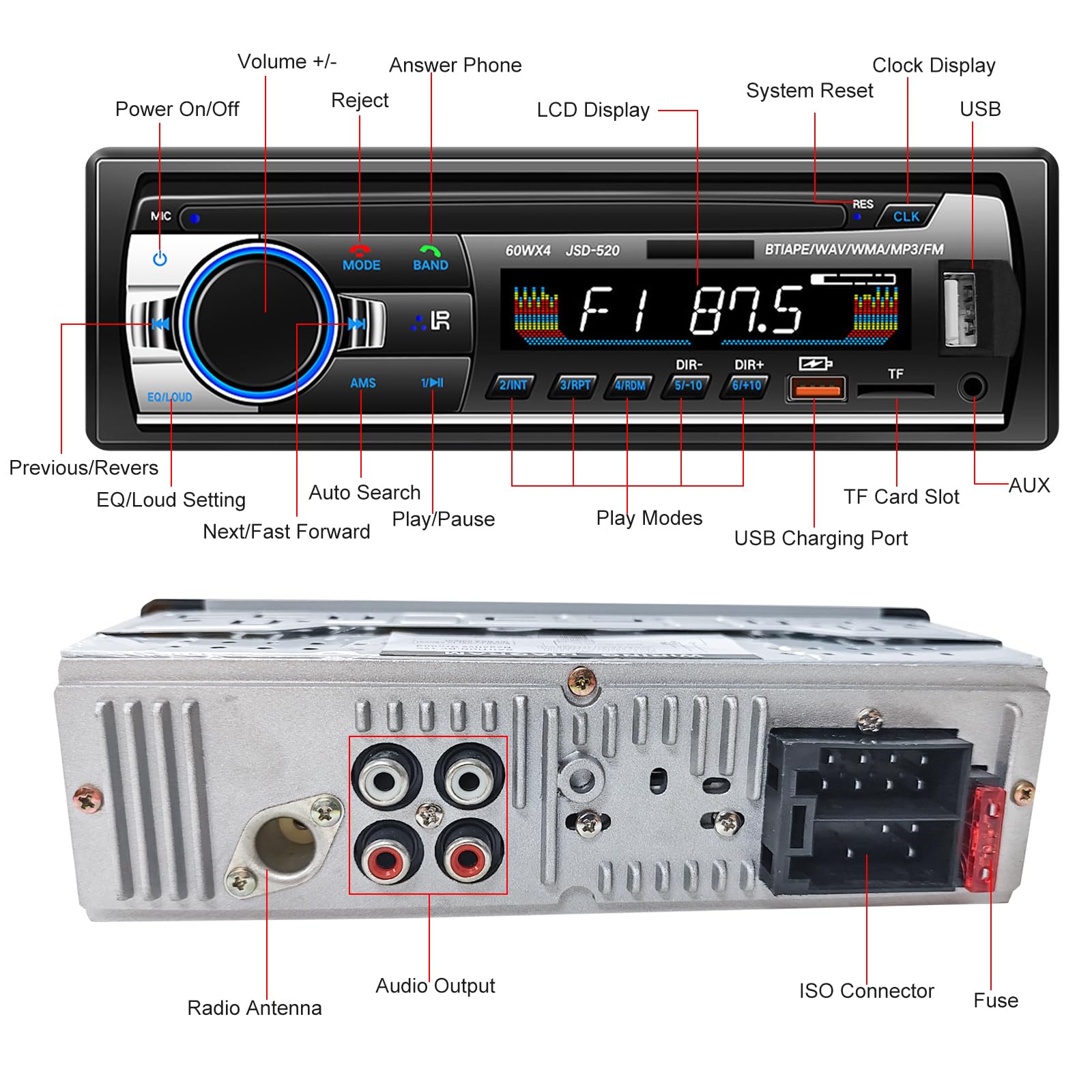Autoradio Bluetooth 5.0, 4x60W 1 Din FM Auto Radio mit Freisprechfunktion, Stereo-Sound mit Uhr/Fernbedienung/Doppel-USB/LCD Bildschirm Unterstützt 2 USB/AUX/SD/TF/EQ/DSP