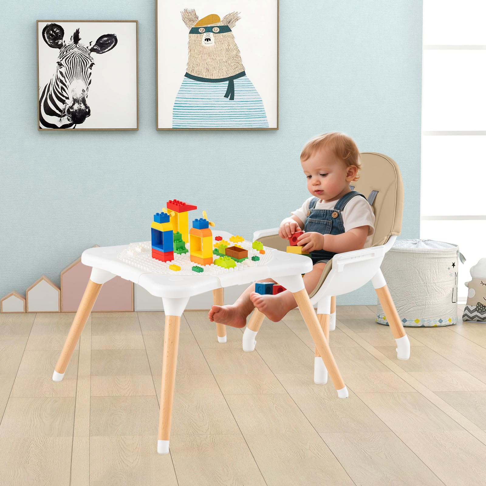 LIFEZEAL Trona para Bebé, Silla de Comedor 6 en 1 con Cojín de Asiento Extraíble, Arnés de Seguridad, Asiento Infantil con Bandeja Extraíble y Tabla de Bloques para Bebé de 6 a 36 Meses (Caqui)