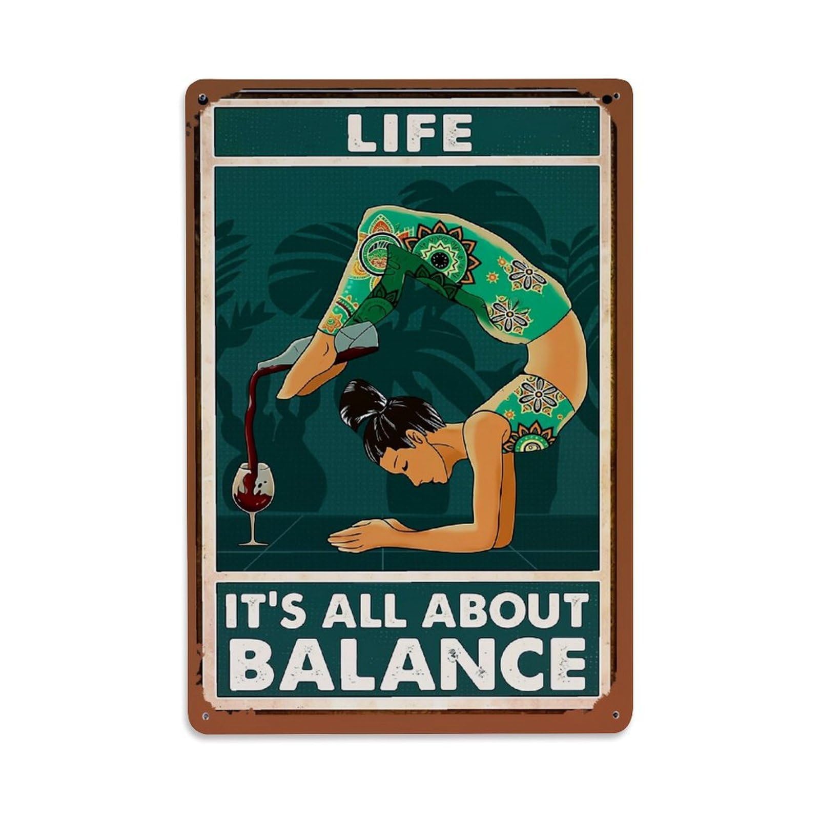 Yoga Woman Pouring Wine Balance Retro Metal Tin Sign, Vintage Metal Poster for home, Gaming Room, Studio Workshop,Bar,Garage Wall Art Decor 8x12 Inch