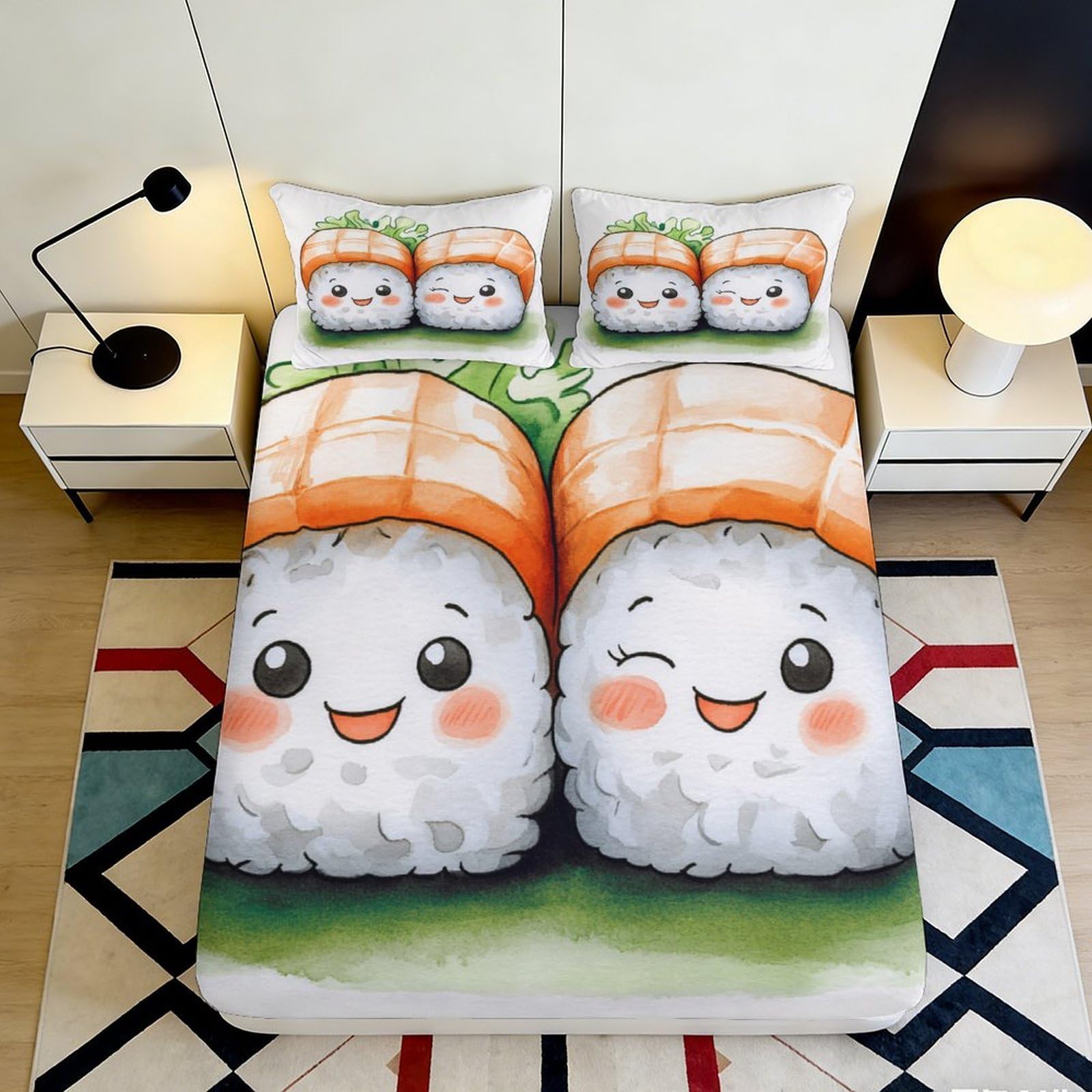 Pnayamiorkfel Style-9 3D Printed Cute Sushi Cartoon Fitted Sheet Microfiber Bedroom Bed Cover Kawaii Salmon Nigiri Mattress Protector Decor 90X200x25cm
