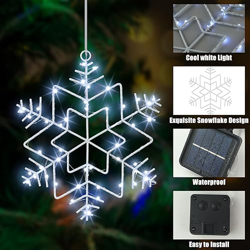 Miniatura 3 de Juego de 2 tiras de luces solares de copo de nieve de Navidad, 138 luces LED de 20 pies para exteriores, impermeables, blancas frías, 8 modos, luces