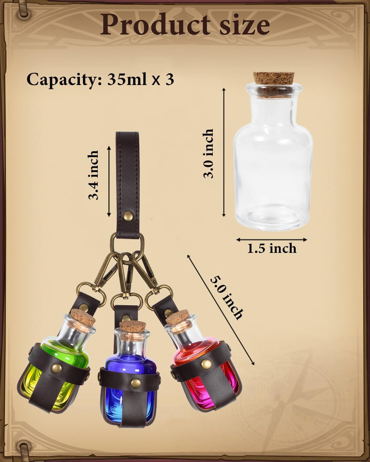 SUMGOGO Dark Magic Cork Potion Bottle Halloween Cosplay Ren Faire Witch Props Costume Accessories Round Potion Glass for Party DIY