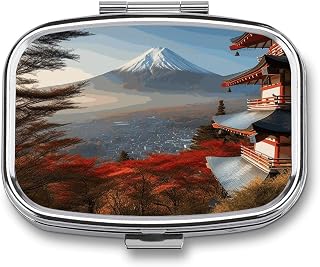 Japan Mount Fuji Landscape Pill Box 2 Compartment Waterproof Pill Case with Mirror Portable for Purse Pocket Daily Medicine Vitamin Organizer Travel Med Container Holder for Fish Oil Supplements