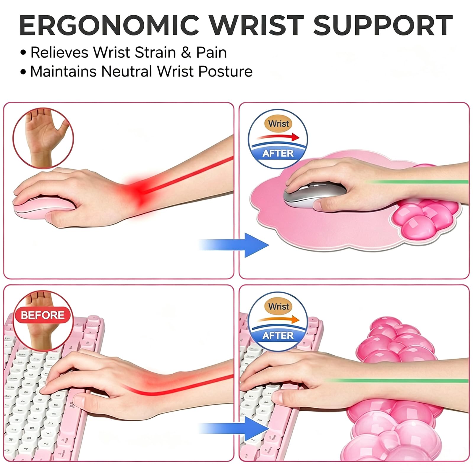 Poggiapolsi in gel e tappetino per mouse a forma di nuvola, per tastiere e mouse, ergonomico, rosa, allevia il dolore da digitazione, computer, laptop, giochi, casa, ufficio, rosa