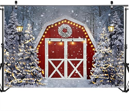 Miniatura 3 de Mocsicka Fondo de granero rojo de invierno, Navidad, país de las maravillas, escena de nieve de invierno, decoraciones de fiesta de Navidad, fondo