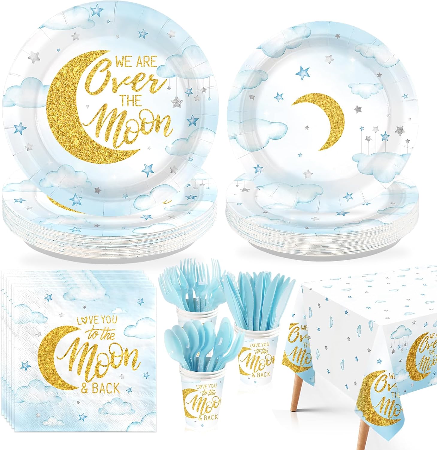 170Pcs Over The Moon Baby Shower Party Decoration Pastel Blue Moon Plates and Napkins Cups Forks Tablecloth We Are Over The Moon Tableware Set for Kids Gender Reveal Birthday Party Supplies Serves 24