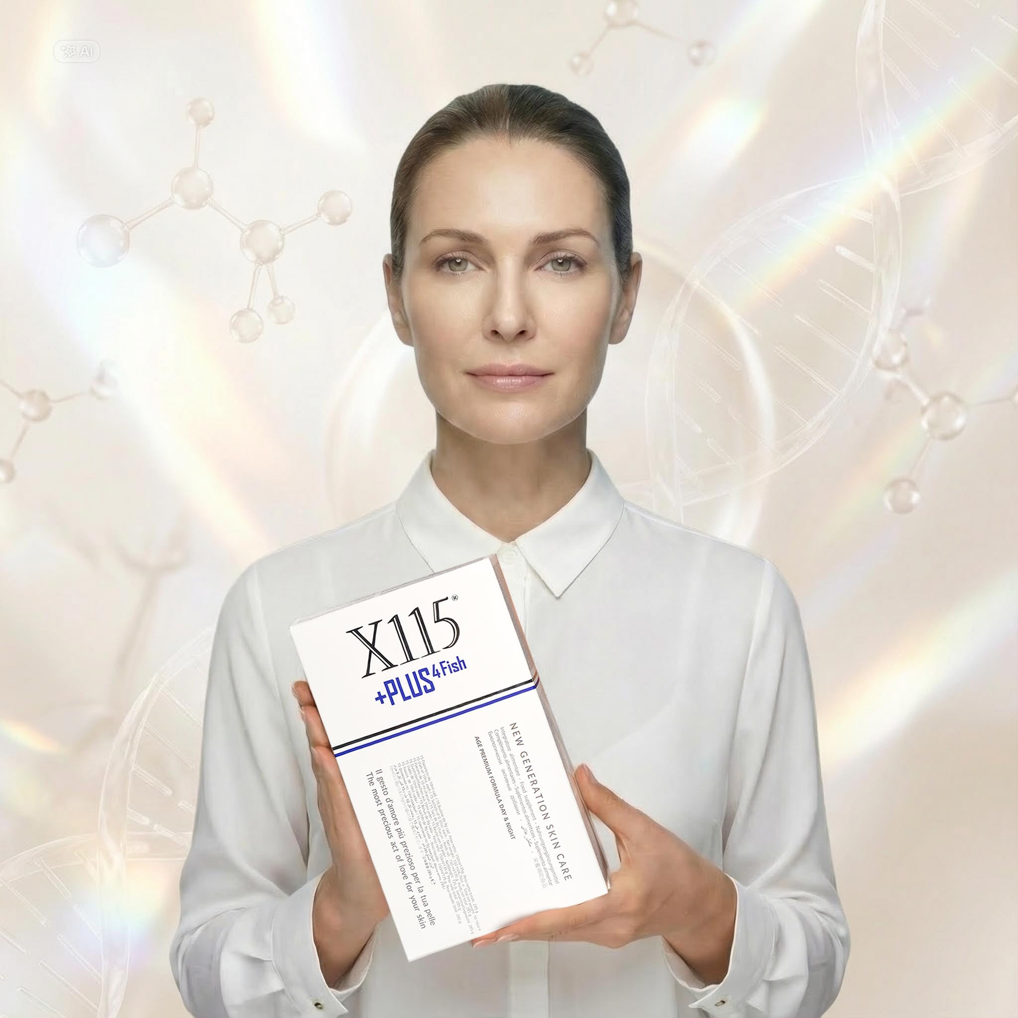 X115+PLUS 4 FISH | Collagene + Acido Ialuronico | Integratore per la Pelle Con Ceramidi, Probiotici, Polifenoli, Vitamine e Antiossidanti | Doppia formula Day & Night | 15 Flaconcini + 15 Bustine