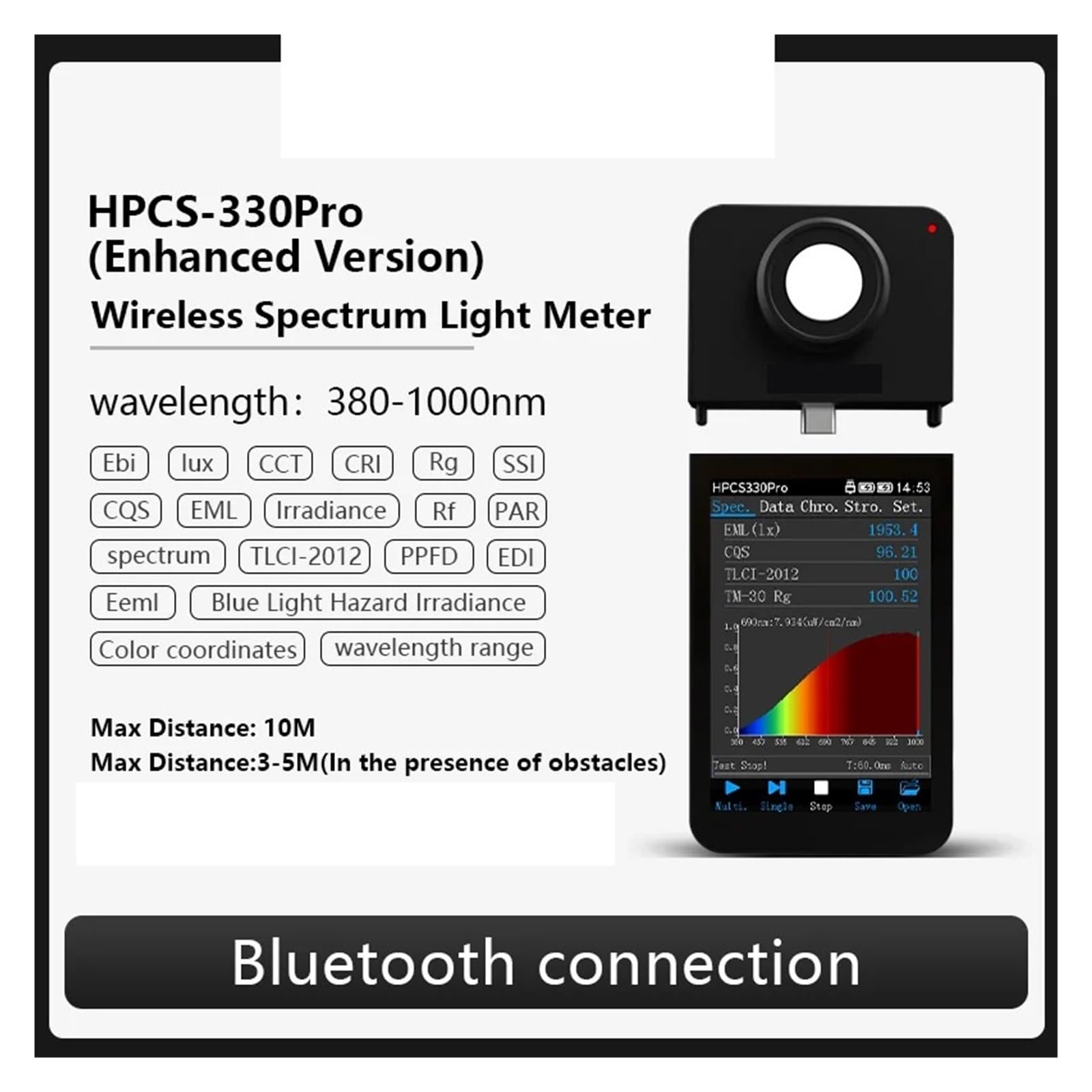 Espectrómetro Vis NIR HPCS-330Pro, medidor de irradiancia MW/cm² con Software for PC