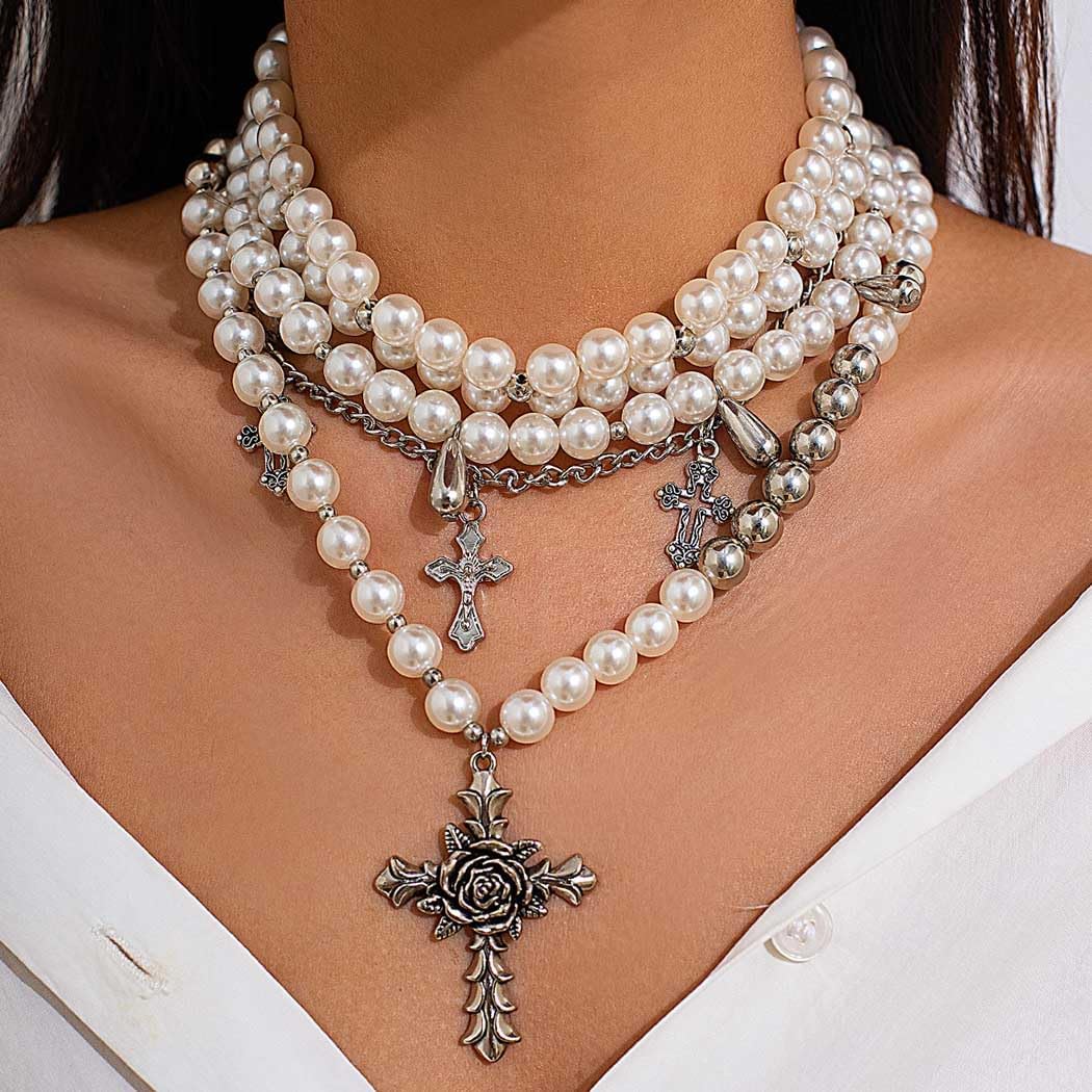 Gangel Pearl Strand Necklace for Women Layered Pearls Necklaces Gothic Cross Choker Costume Party Jewelry - Image 4