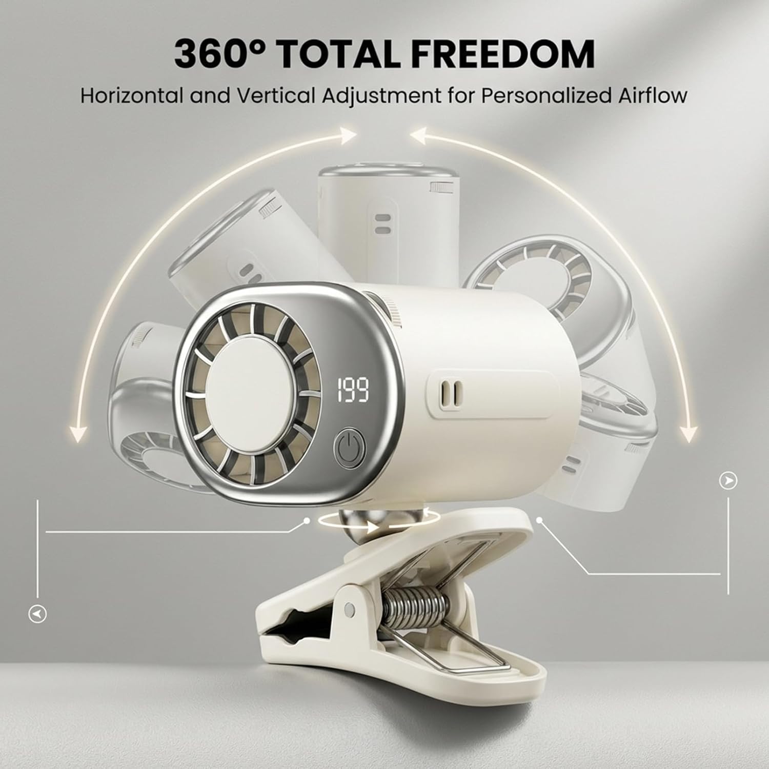 360° Rotating Semi-Cooling Clip Fan, Portable Semiconductor Cooling Fan with LED Display, Strong Clip, Ultra-Quiet Personal Fan, Type-C Rechargeable for Desk, Stroller, Office, Outdoor (White)