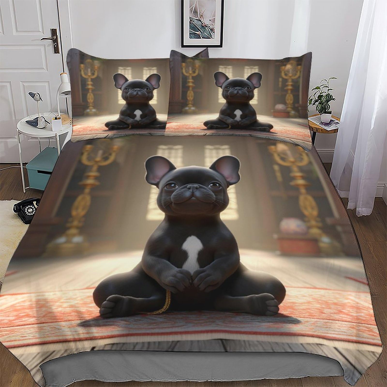Housse de couette bouledogue français anti-plis en microfibre coton