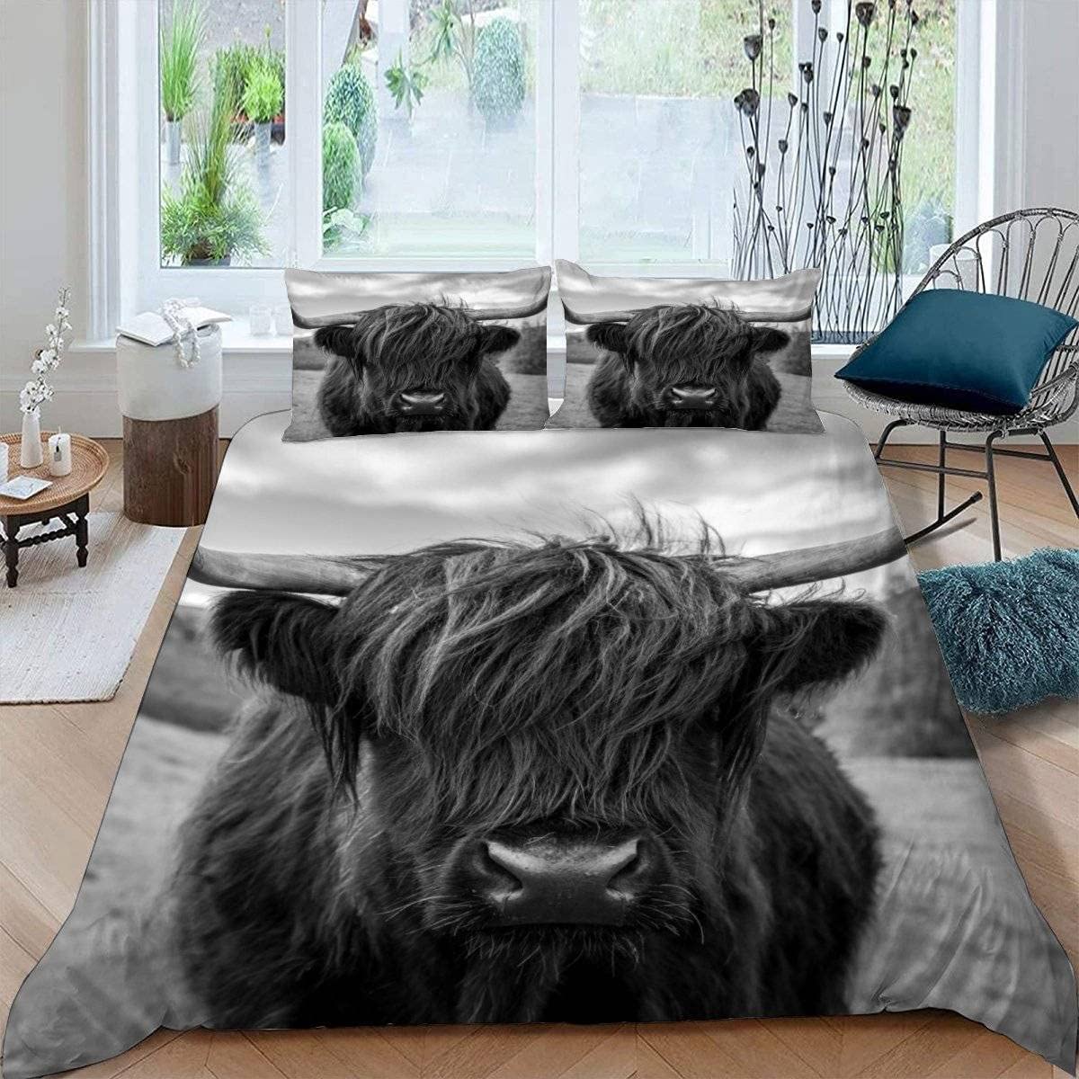 RFFLUX 3D Highland Cattle Single Duvet Cover Set 3 Pieces 135x200 Soft Microfiber Farm Animals Cow Quilt Cover with Zipper Closure Easy Care Bedding Set with 2 Pillowcase for Kids Boys Girls Teens — image 1