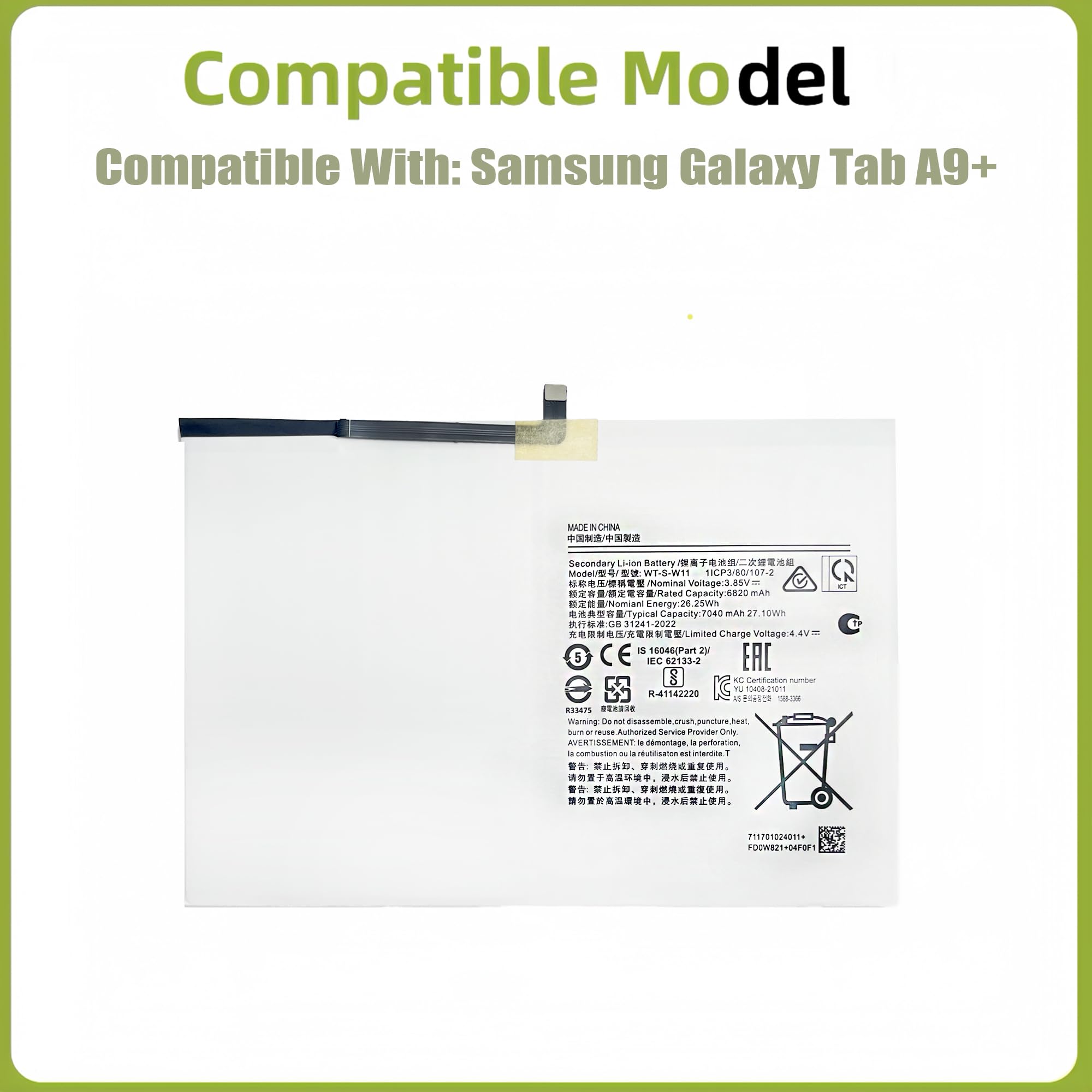 WT-S-W11 - Batteria di ricambio compatibile con Samsung Galaxy Tab A9+ SM-X210, SM-X215, SM-X216B con kit di attrezzi