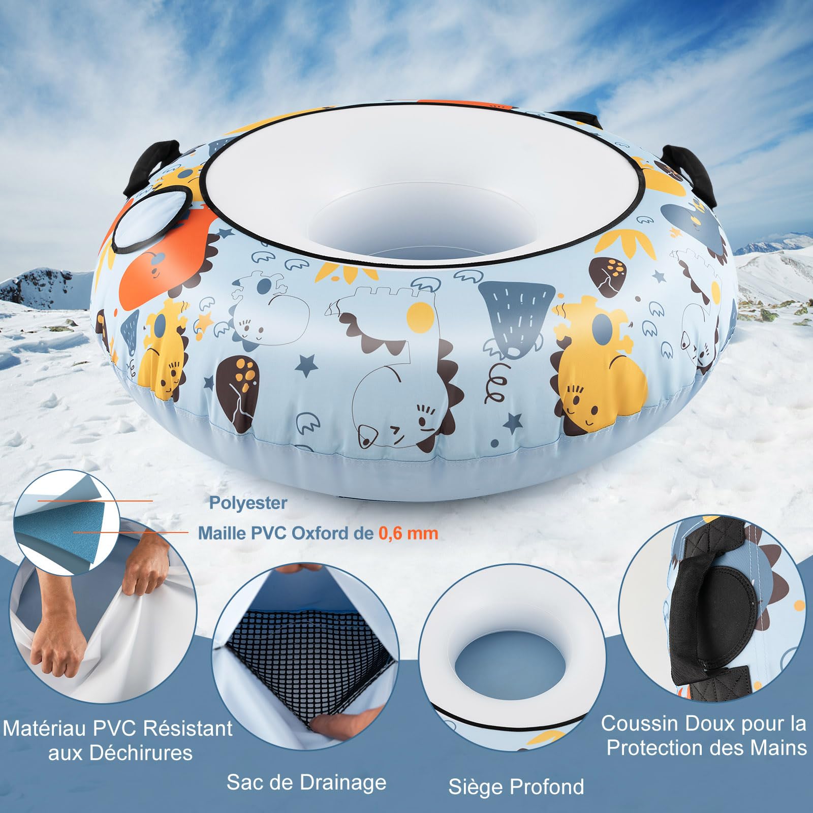 GYMAX Luge Bouée Gonflable, Tube de Neige avec Matériau Résistant en PVC | Crochet de Remorquage & Sac de Drainage & Poignée pratique, pour Enfants/Adultes