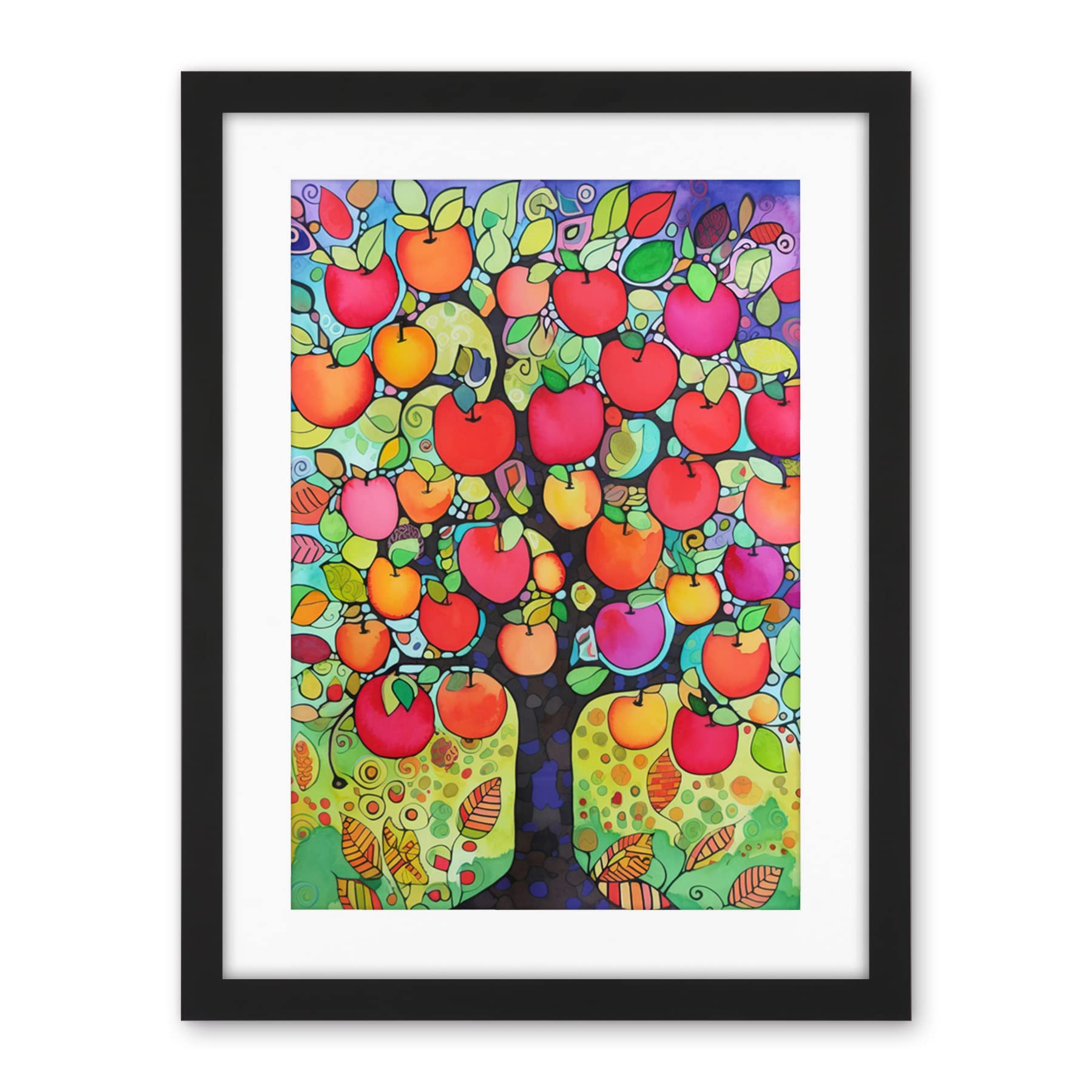 Artery8 Apple Tree Folk Art Bright Watercolour Painting Artwork Framed Wall Art Print 18X24 Inch