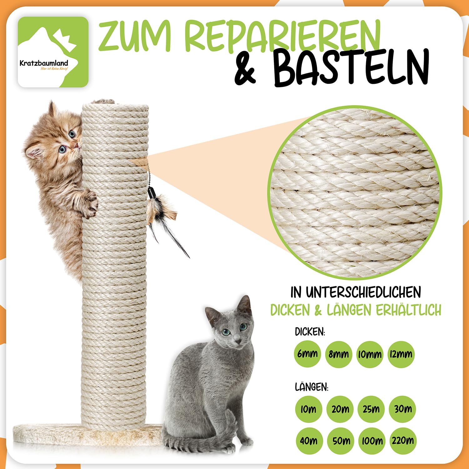 Kratzbaumland Premium-Sisalseil 12 mm, Natur-Sisalseil für Kratzbäume (versch. Längen) (100 Meter)