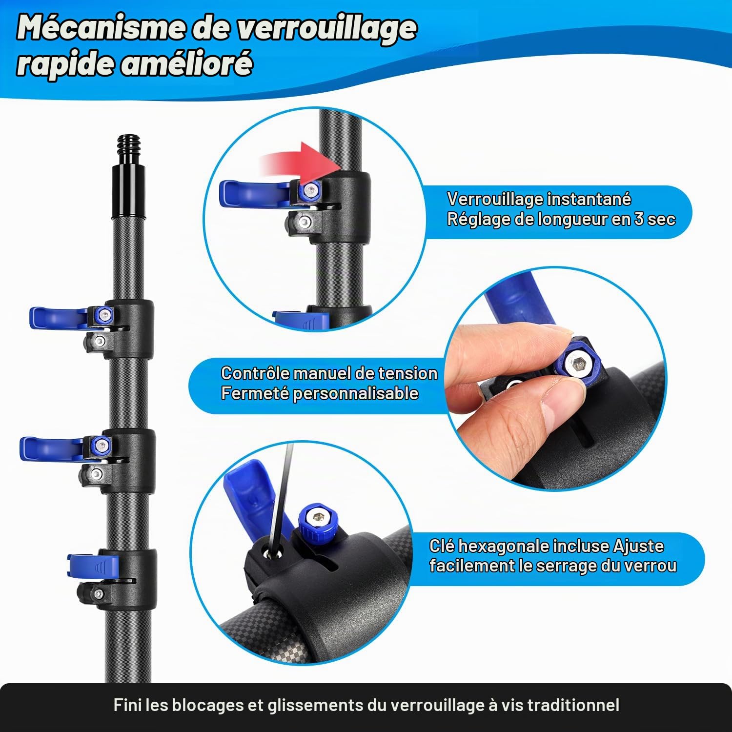 DOBEN Perche Télescopique pour Piscine Fibre De Carbone 4,88 m, Multifonction Manche Telescopique Piscine Est Très Résistante Et Stable pour Epuisette Piscine, Peinture, Dépoussiérage Et Nettoyage