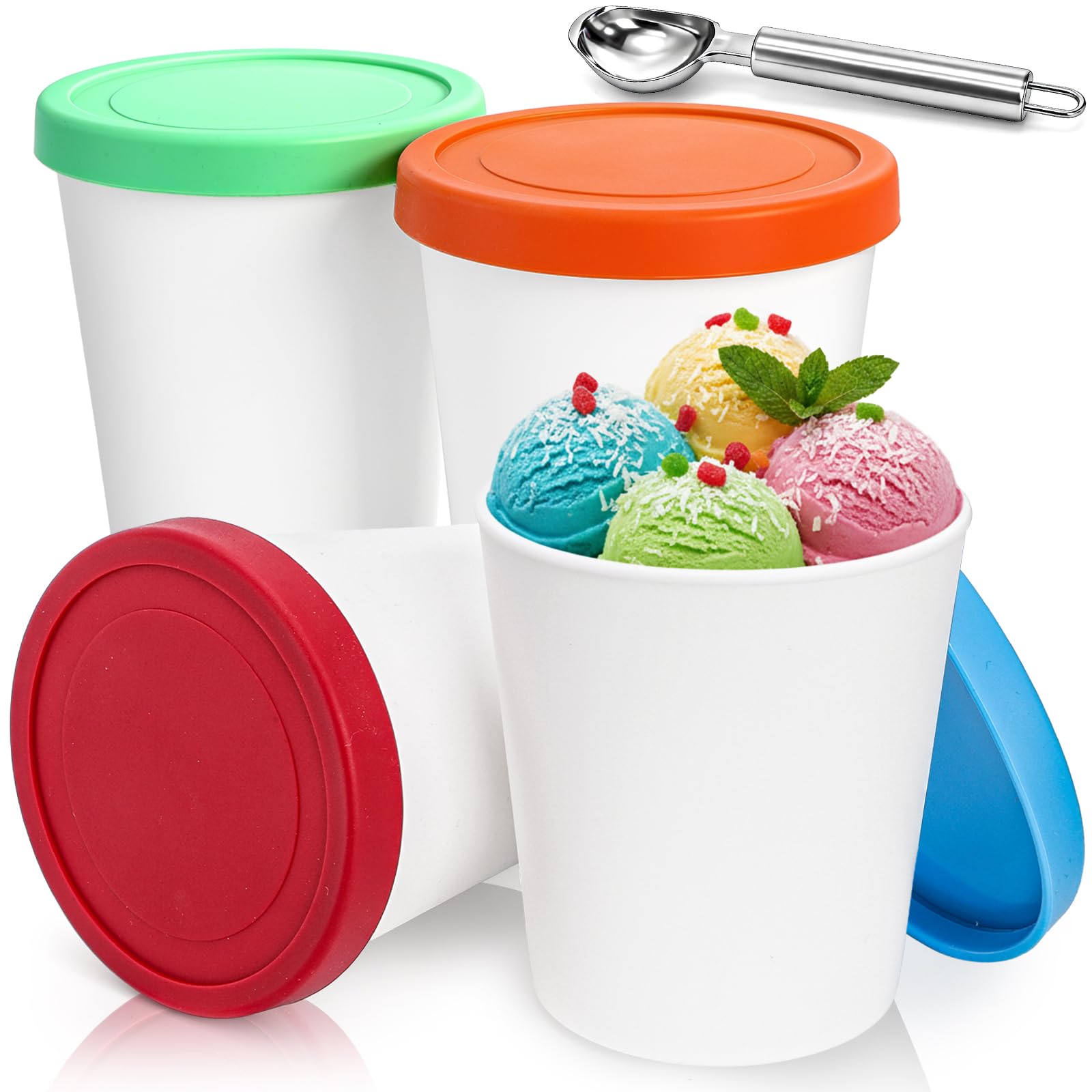 Peohud 4 Pack Ice Cream Containers, 1 Quart Freezer Storage Tubs with Silicone Lids and Spoon for Ice Cream, Sorbet and Gelato, Freezer Dishwasher Safe