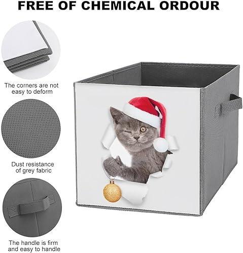 Miniatura 3 de Winking Kitten Santa Hat Storage Cubes,Fabric Collapsible Storage Bins with Dual Handles,Christmas Balls Foldable Cube Baskets for Shelf,Closet