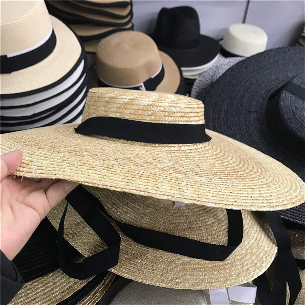 Wide Brim Boater Hat 19cm 15cm 10cm Krempe Strohhut Flache Frauen-Sommer-Hut-Weiß-Schwarz-Band-Bindung Sonnenhut Strand Cap (Color : Primary White Band, Size : 10cm Brim)