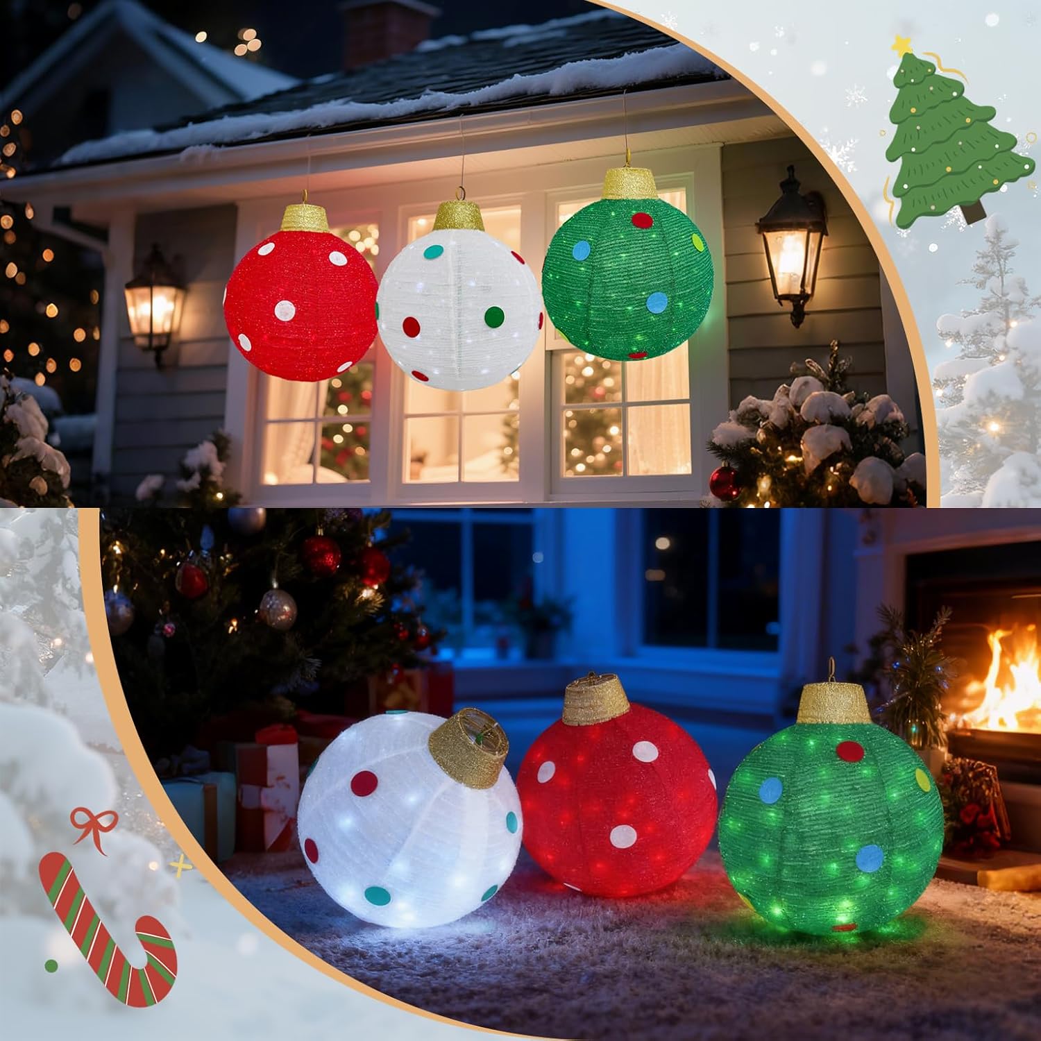 Christmas Lighted Balls Decorations 3 PCS Pre-Lit 150 LED Lights Pop-Up Glittered Lantern Outdoor Ornament Indoor Xmas Holiday Party Deocr for Home Yard Lawn Garden Porch, 18 Inch, Red & Green & White