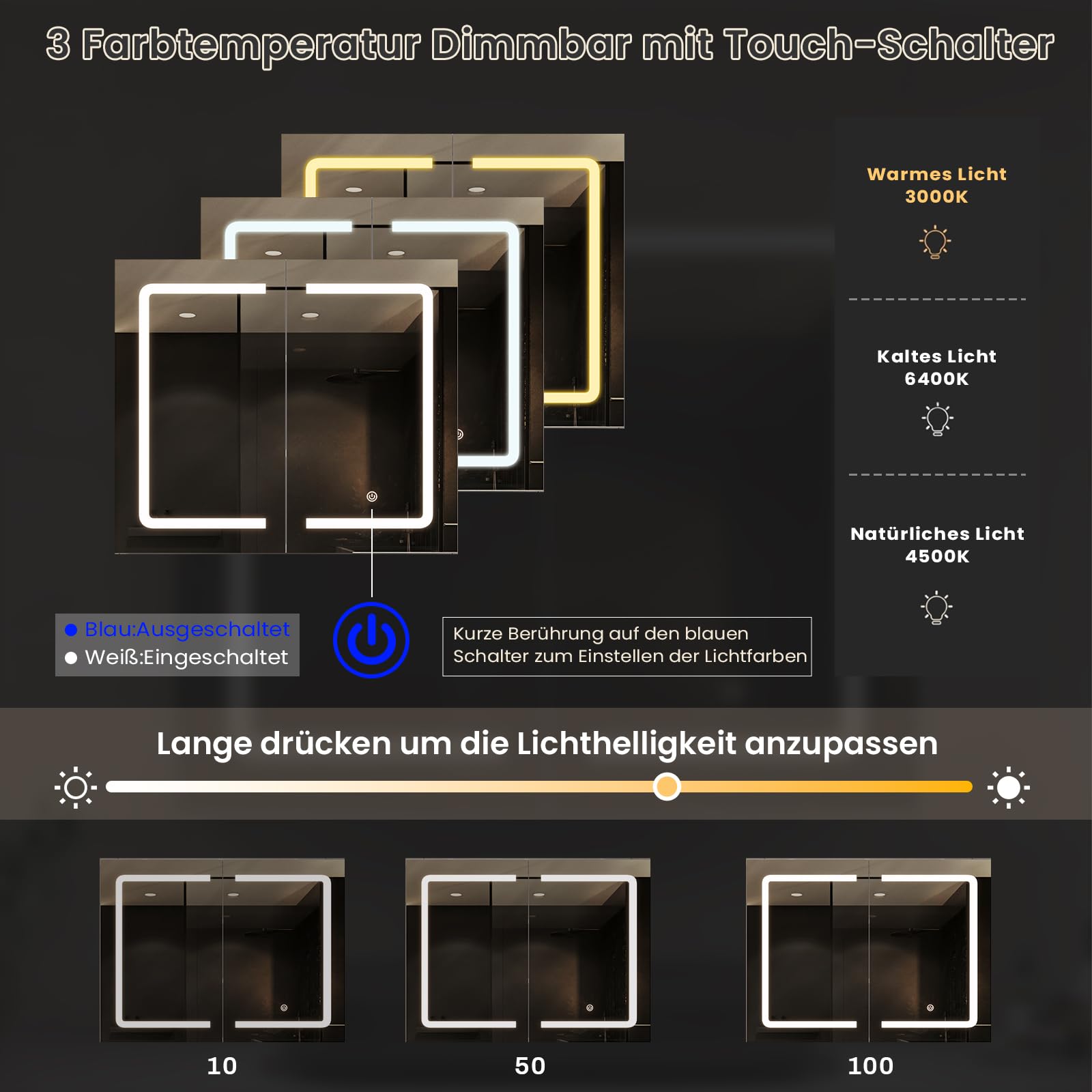 DICTAC Badezimmer spiegelschrank mit Beleuchtung 80x60x16cm Spiegelschrank Bad mit LED und Steckdose 80 cm Breit Doppeltür Badschrank mit Spiegel und Ablage,Hängeschrank,Berührung Sensorschalter,Weiß