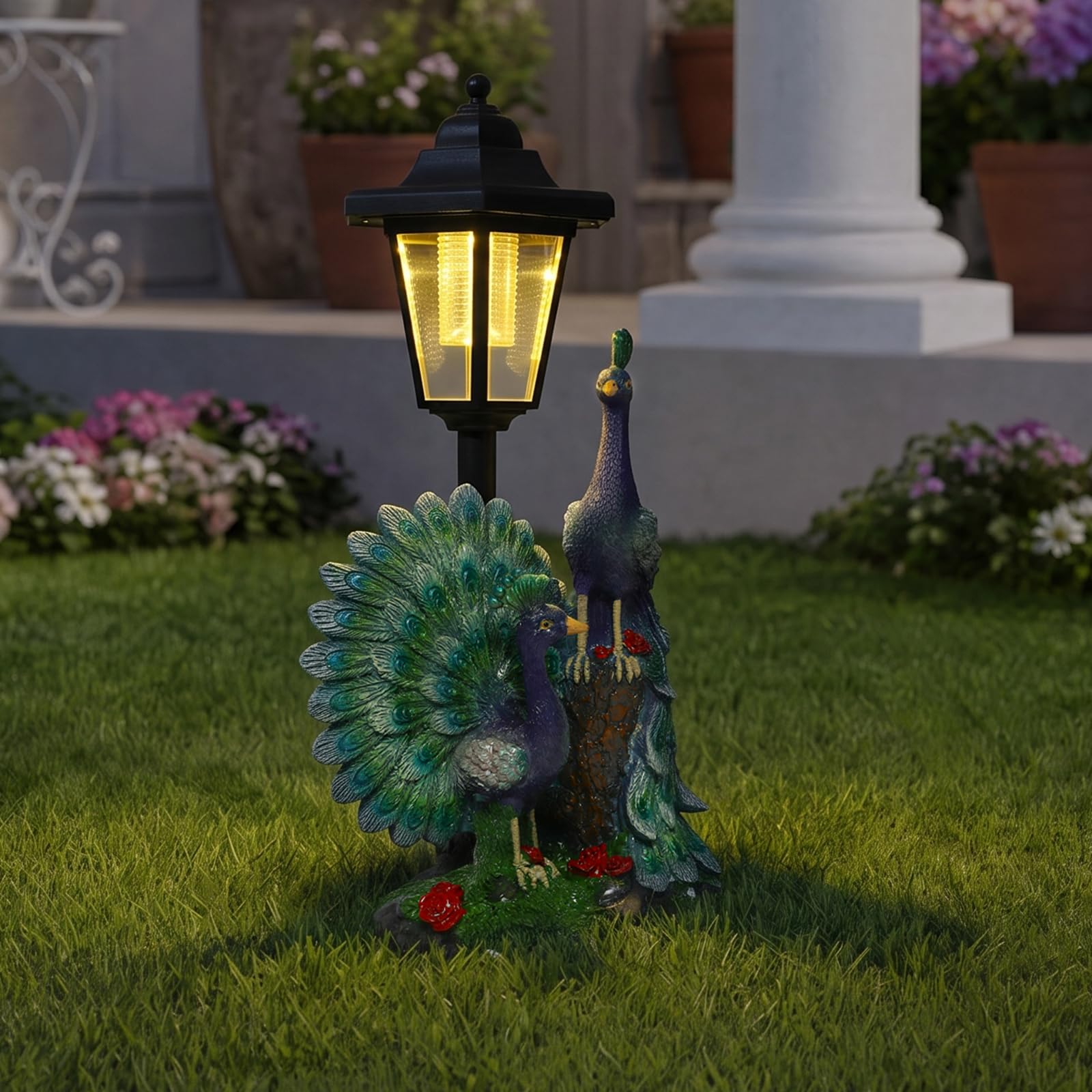 Lámpara solar de jardín decorativa con dos pavos reales, IP44, luz cálida