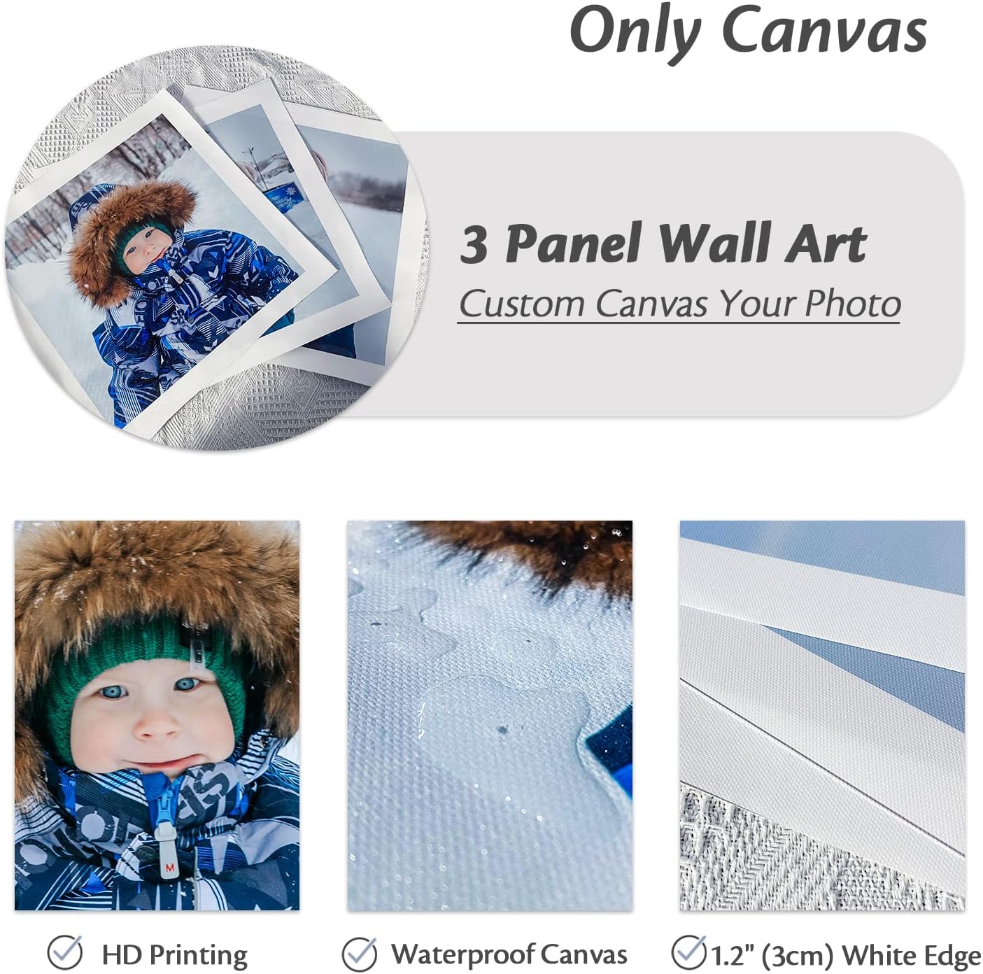 CCWACPP Create Personalized Wall Art with Your Photo on Canvas 3 Panel Custom Prints Picture Customized Poster for Home Decoration Unframed (1 Photo 3 Panel, 8"x16"x3P(20x40cmx3P))