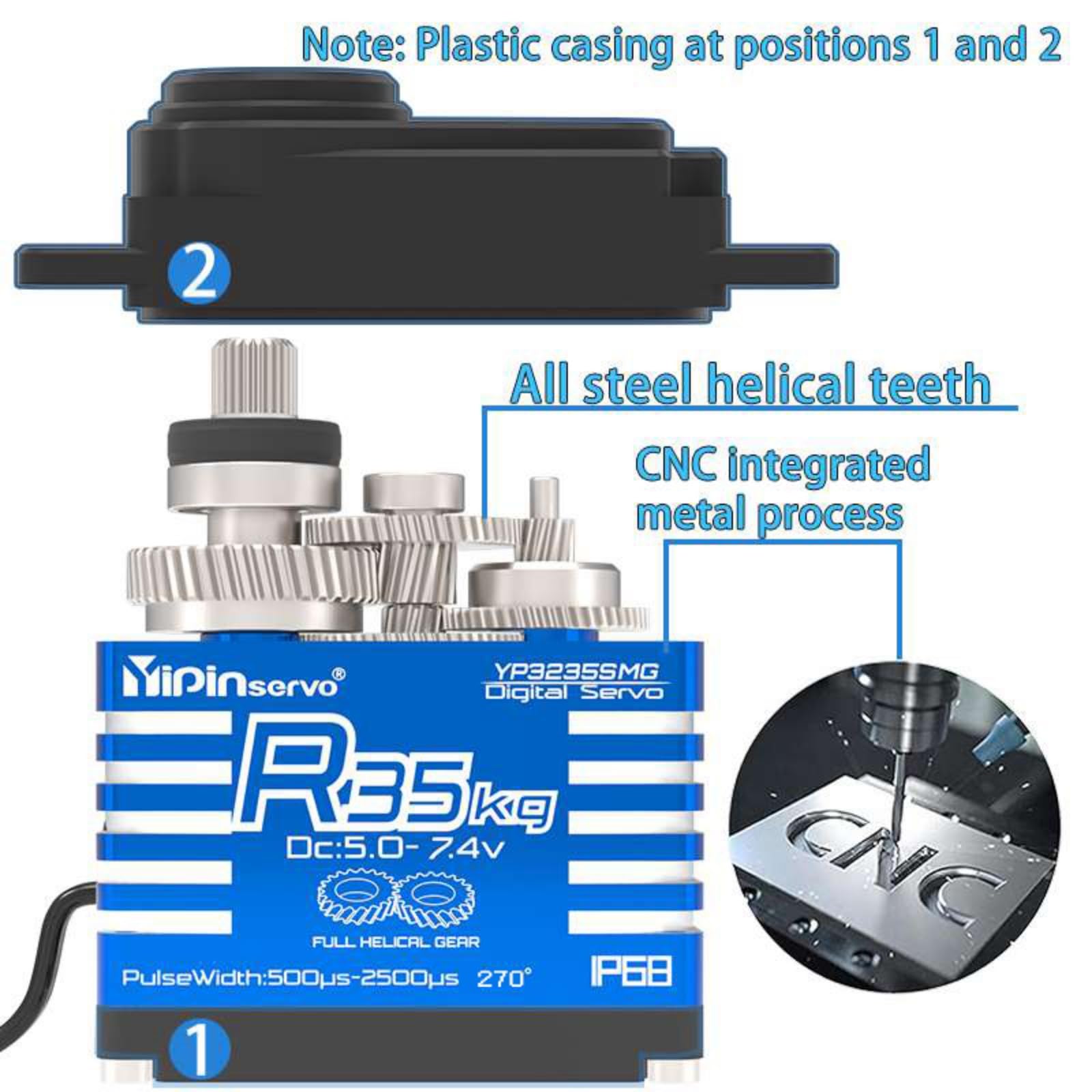 Servomoteur numérique à noyau de fer 35 kg, 5,0-7,4 V, roue dentée en acier, étanche IP68, 1/8 1/10 (270 degrés)