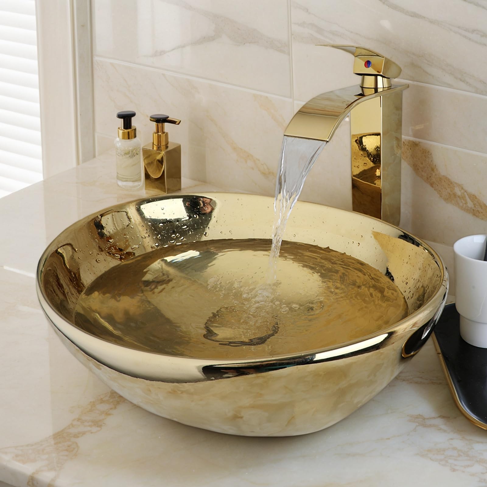 Oval Ceramic Bathroom Vessel Sink Gold Wash Basin Mixer Faucet Tap Pop Drain Set