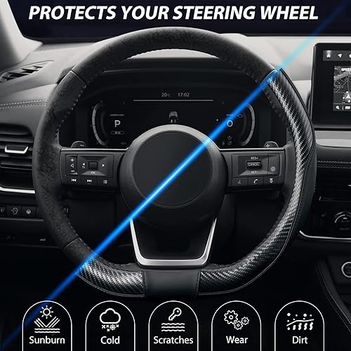 Miniatura 6 de SEG Direct Funda de volante de fibra de carbono con parte inferior plana, cubierta de volante de automóvil en forma de D de 14 12-15 pulgadas