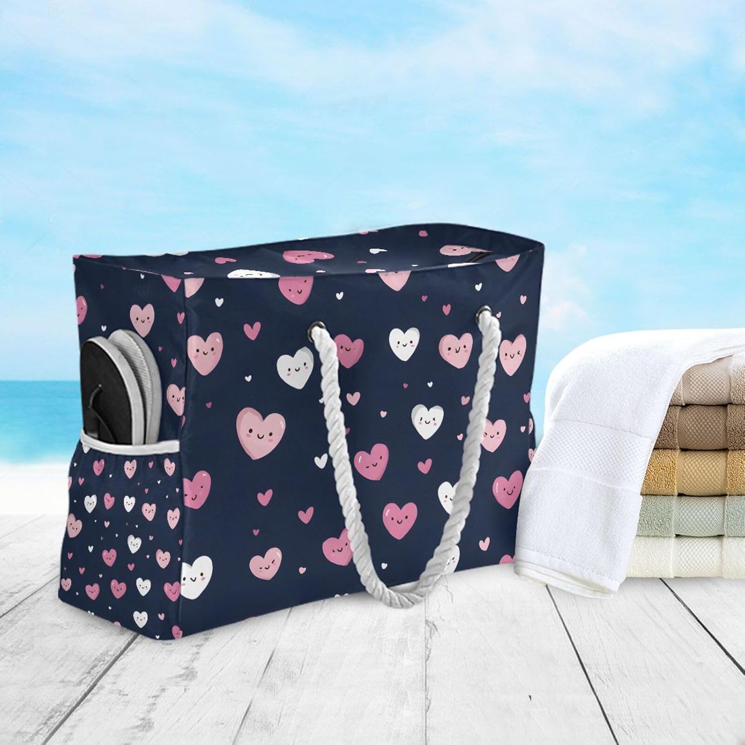 OTVEE Cheerful Pink and White Heart Beach Bags for Women Ladies Large Canvas Tote Shoulder Bag Waterproof Travel Bags for Gym Swim Pool Camping