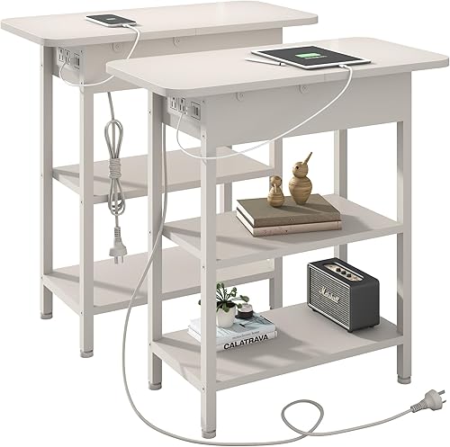 LIDYUK Mesa auxiliar con estación de carga, juego de 2 mesas auxiliares estrechas para espacios pequeños, juego de 2 mesas de noche para dormitorio,