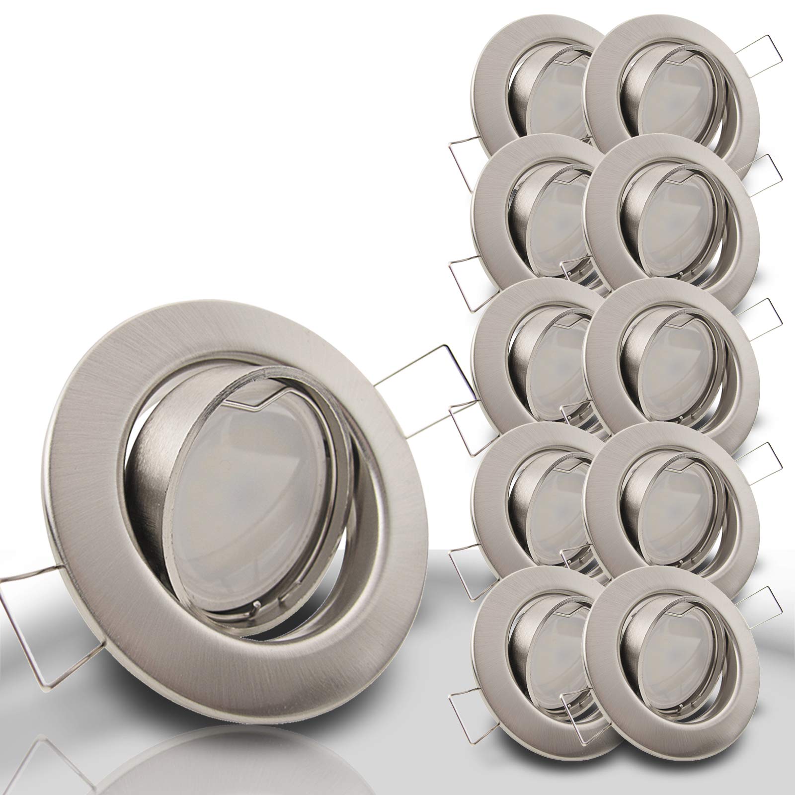 trendlights24 Decora LED Einbaustrahler 230V 10er Set 6W Kaltweiß GU10 Spot | Deckenspots, Edelstahl Optik, rund, 500lm, 6000k, Spots, austauschbar, Decken Einbauleuchte, schwenkbar, 68 mm Lochmaß