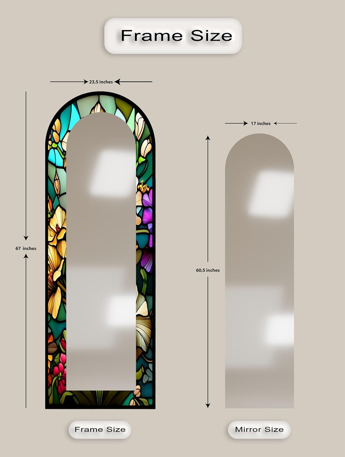 23,5’’W x 67’’H Colorful Arched Full Lenght Mirror - Arch Full Body Stained Floor Mirror with Gold Frame