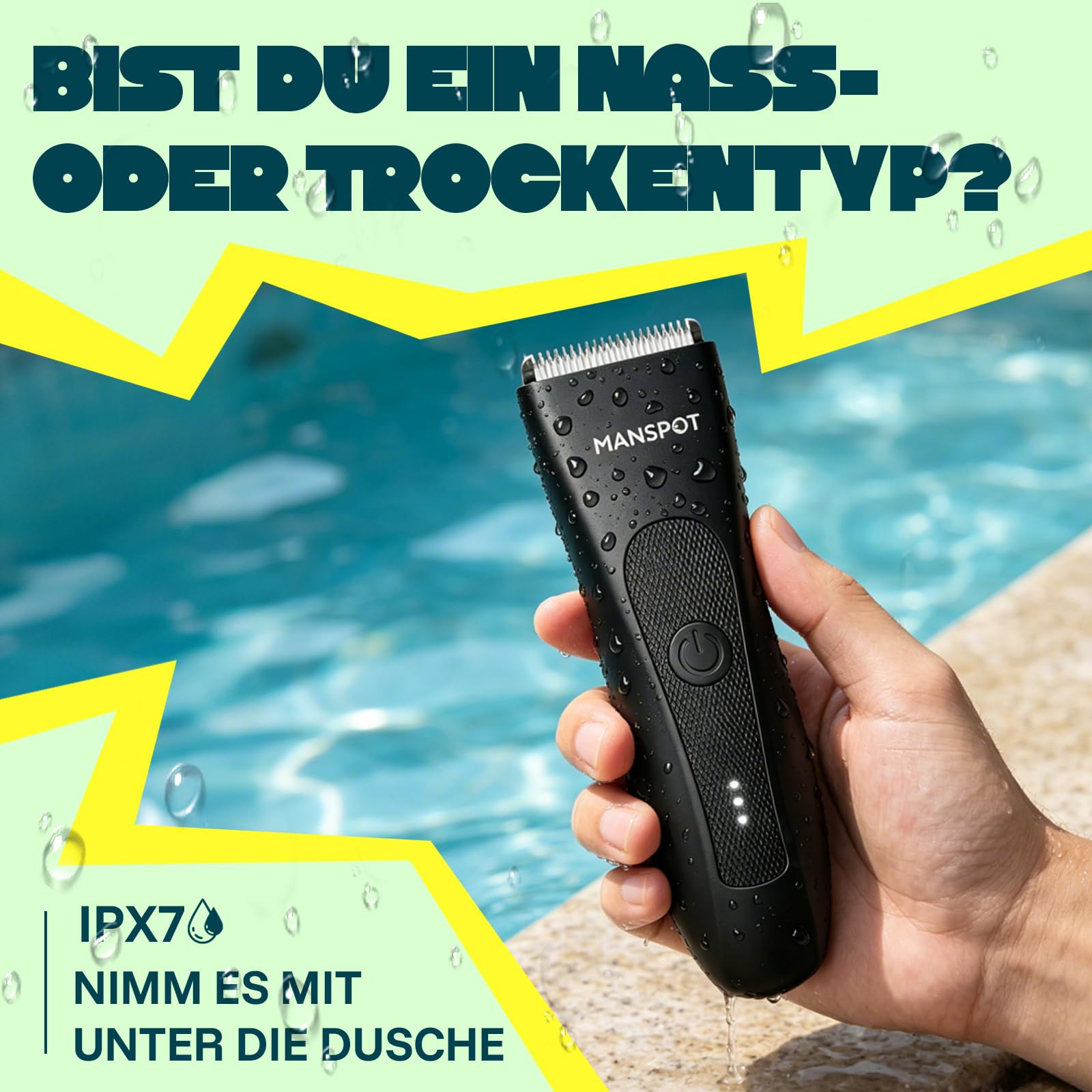 MANSPOT Intimrasierer Mann–Körperrasierer mit Keramikklinge & Abgerundeten Spitzen, Hautfreundlicher Intim Rasierer Elektrisch für Intimbereich & Körper, IPX7 Wasserdicht, 4 Aufsteckkämme