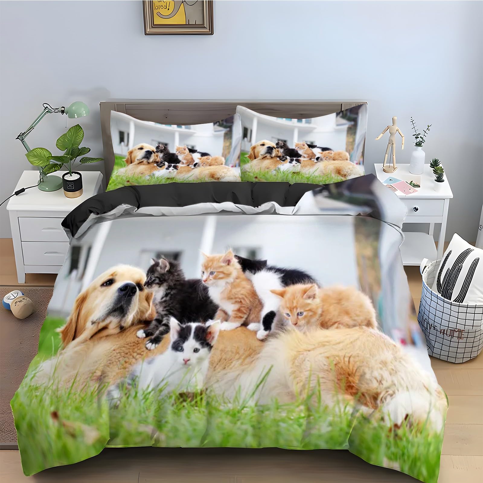Housse de couette 220x240 chat et 2 taies d'oreiller en microfibre douce