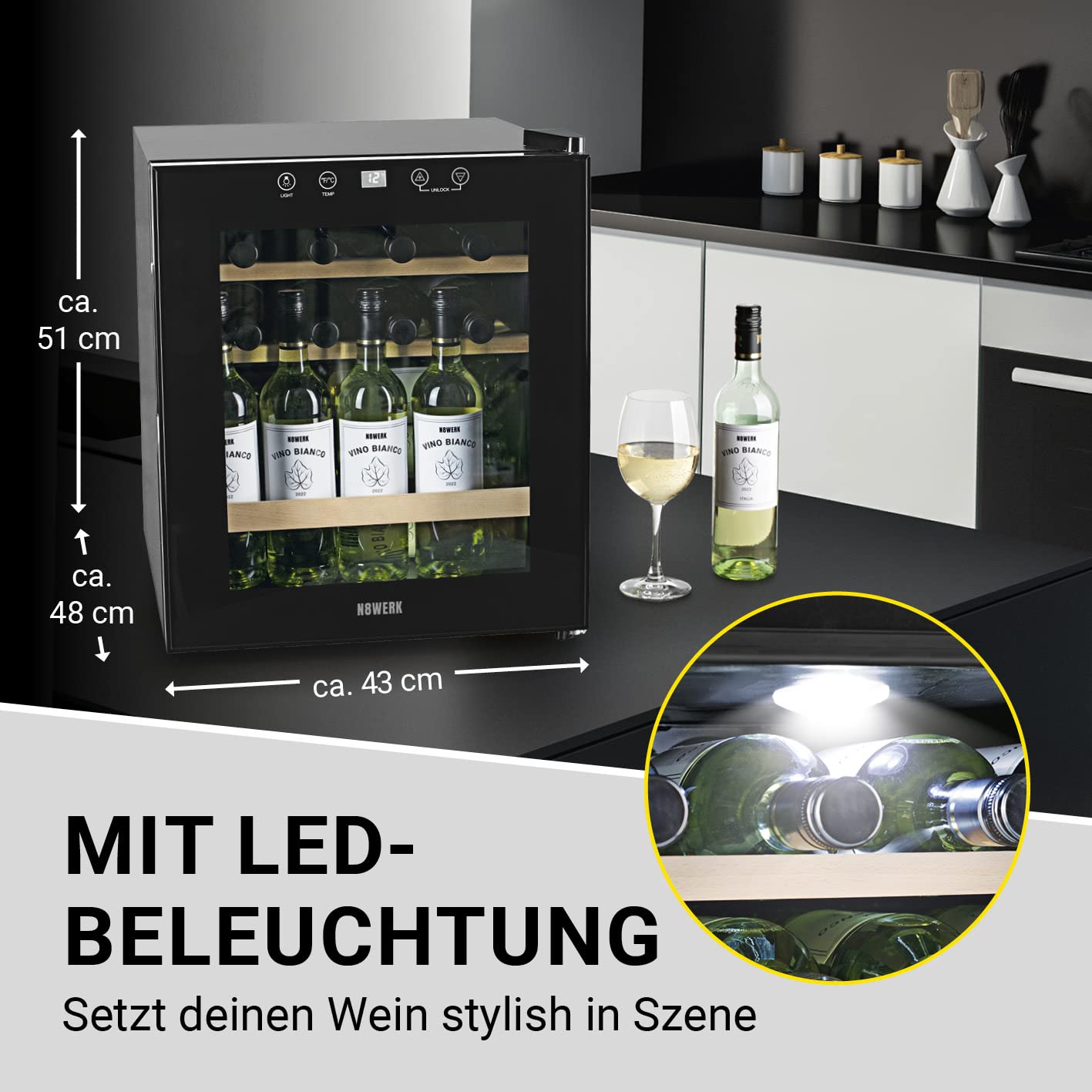 Weinkühlschrank 15 Flaschen Leise Kompressor Freistehend 4-18°C Thermoverglasung LC-Display LED-Beleuchtung