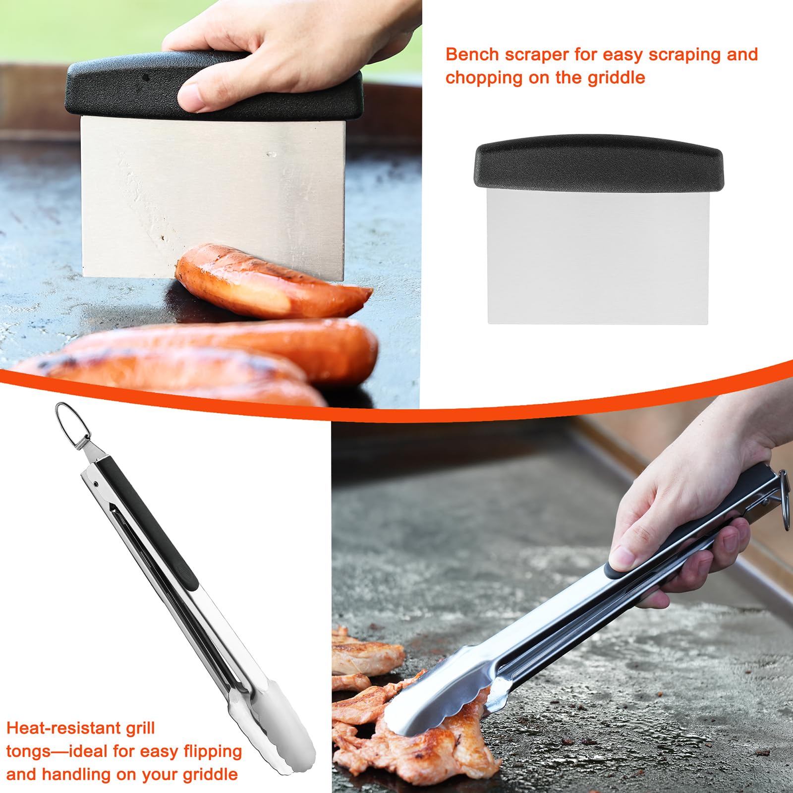 Kit de accesorios para plancha – Juego de 40 herramientas para parrilla de parte superior plana, juego de accesorios para plancha con cubierta de hilvanado, espátula, raspador, prensa 4