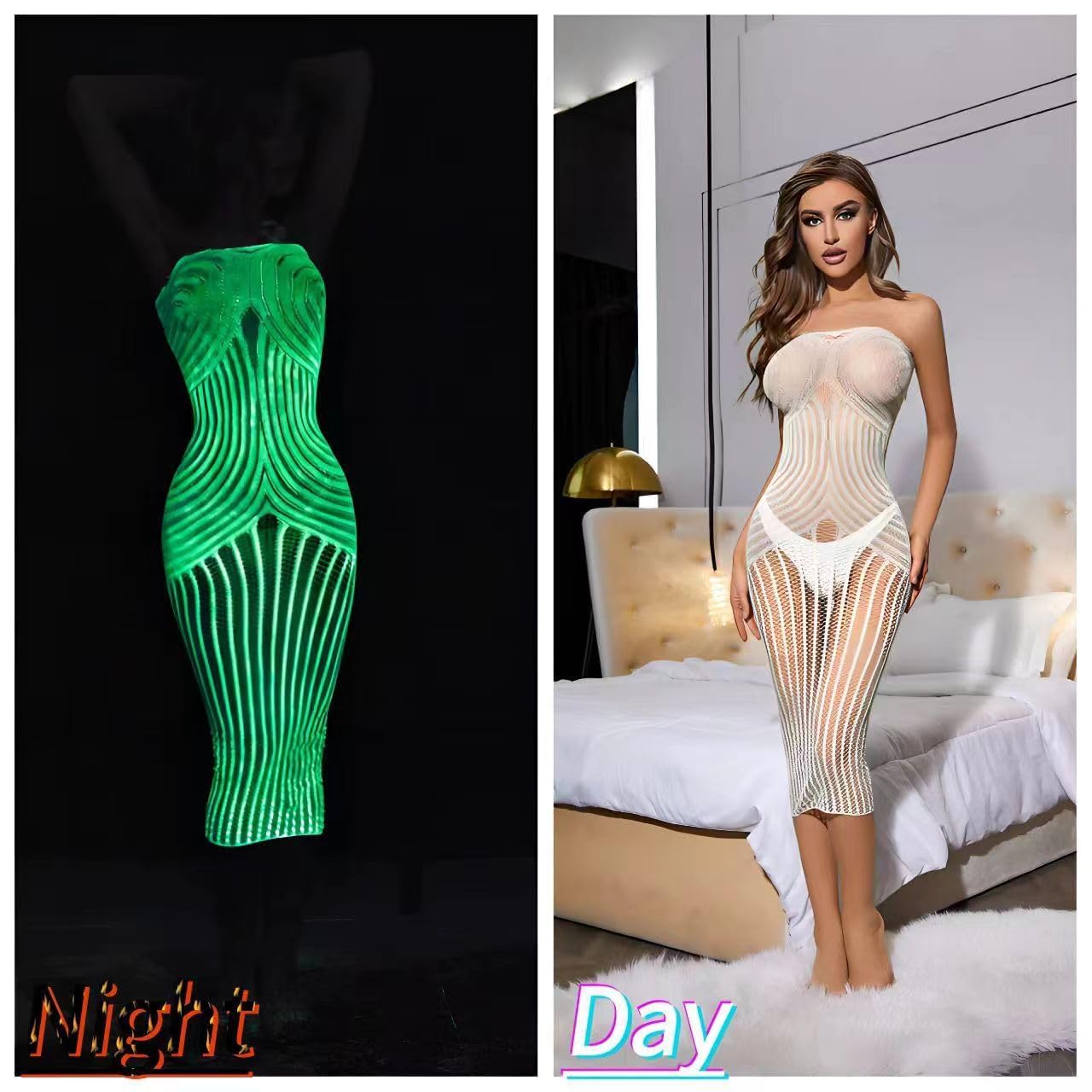 DTWAWA Glow in the Dark Sexy White Fishnet Stockings, Stylish Bodysuit Leggings for Womens Party: F Bodysuit White