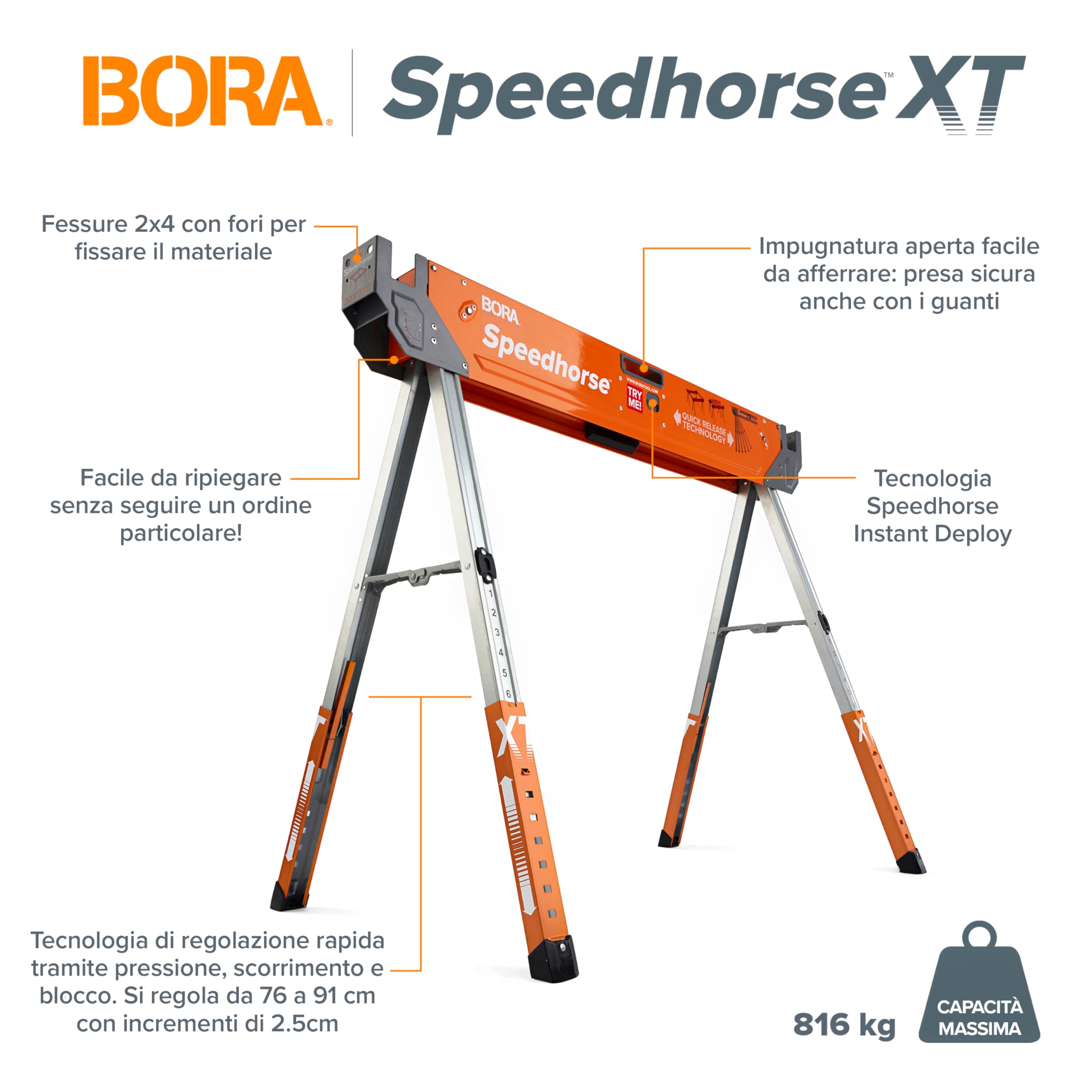 BORA Cavalletti da Lavoro Pieghevoli Speedhorse XT – 816 kg, Setup 1,6 sec, Altezza 76–91 cm, Coppia PM-4550T